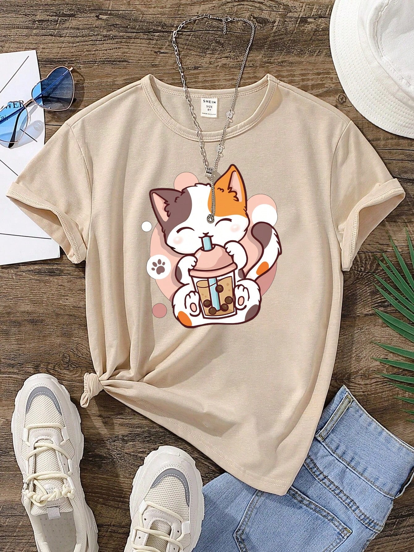 Tween Girl Funny Boba Milk Tea & Cat Pattern Round Neck Short Sleeve T-Shirt