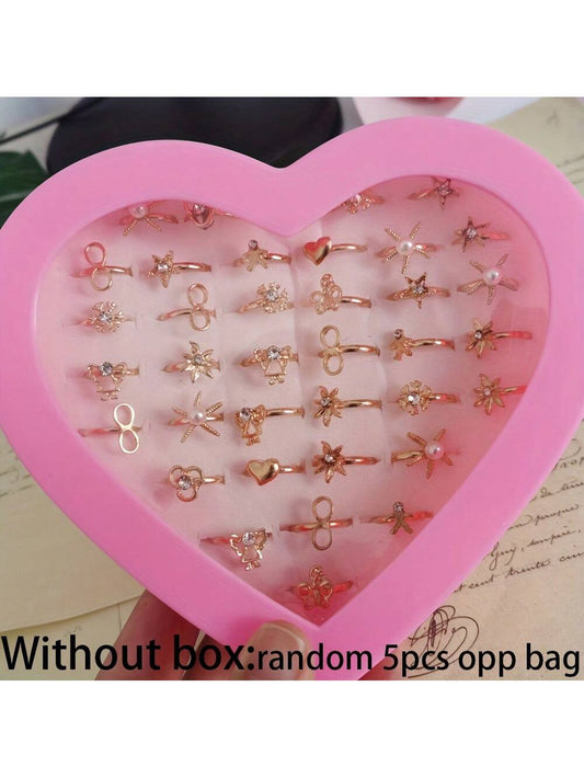 5 pcs/pack Adjustable Cute & Stylish Alloy Rings With Rhinestone & Hollow Out Detail For Children