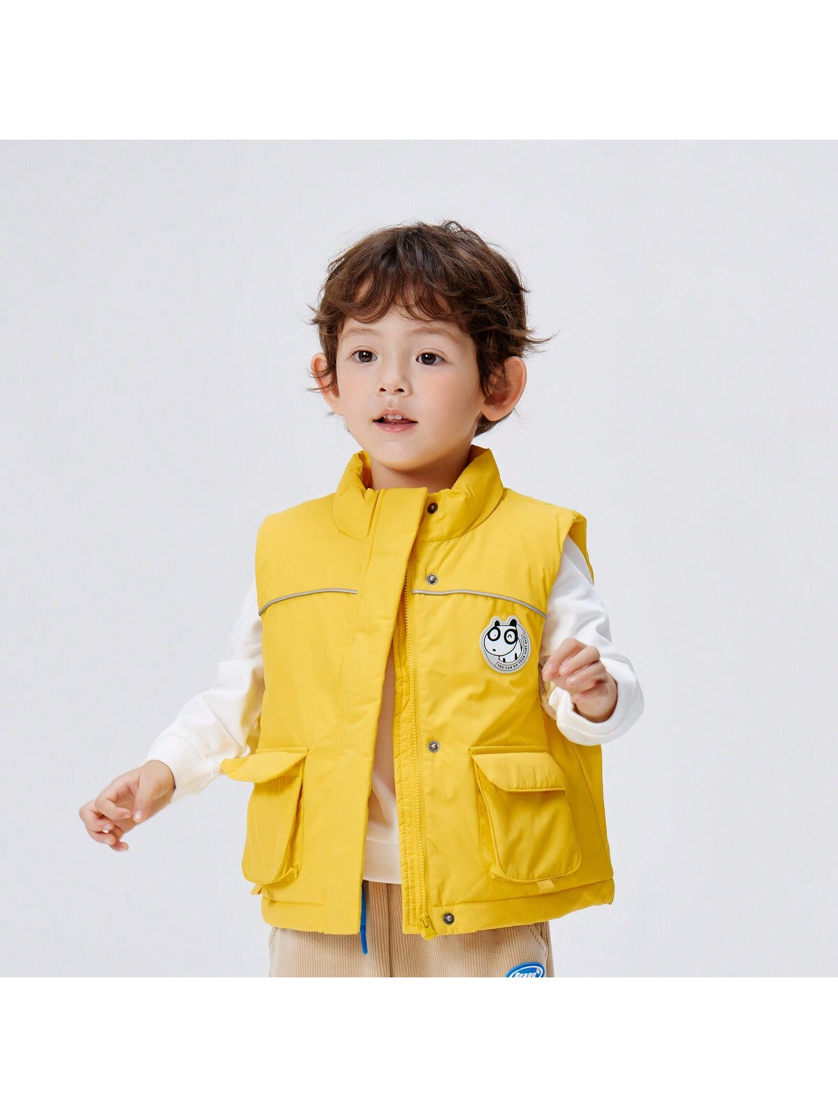 Boys Winter Cute Doggy Patched Warm Stand Collar Sleeveless Down Jacket Yellow