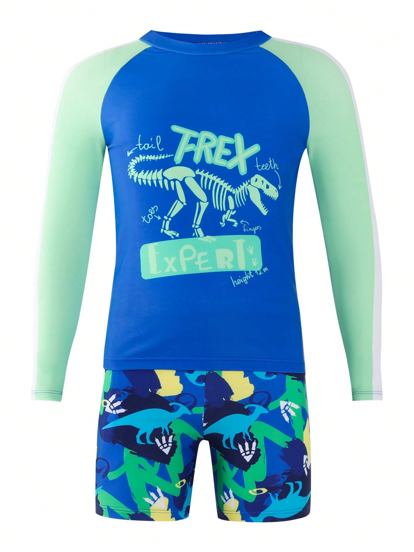 Tween Boy Letter & Dinosaur Skeleton Printed Raglan Long Sleeve T-Shirt & Shorts Separated Swimming Suit