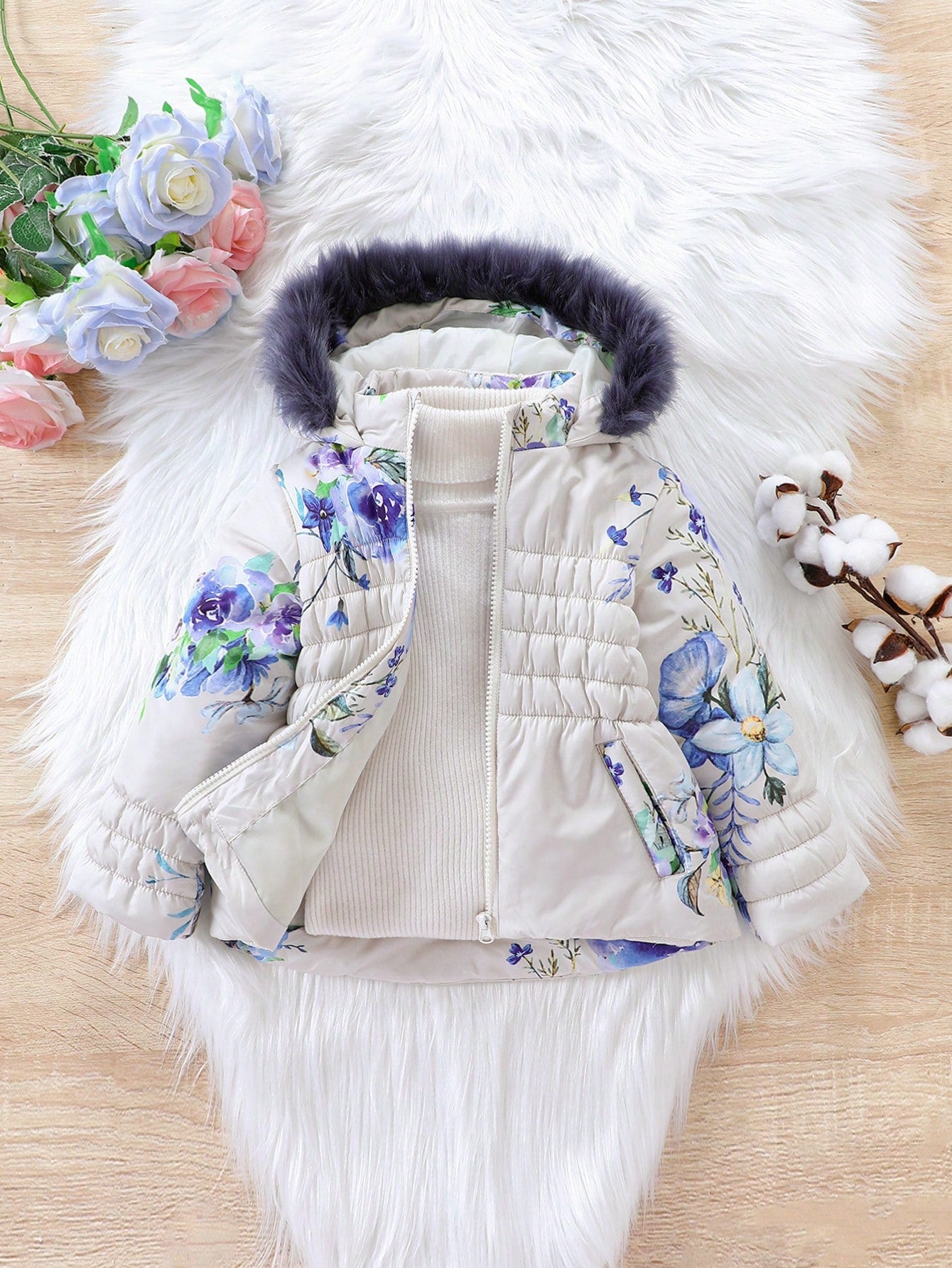 Young Girl 1pc Floral Print Fuzzy Crinkle Detail Puffer Parka Coat