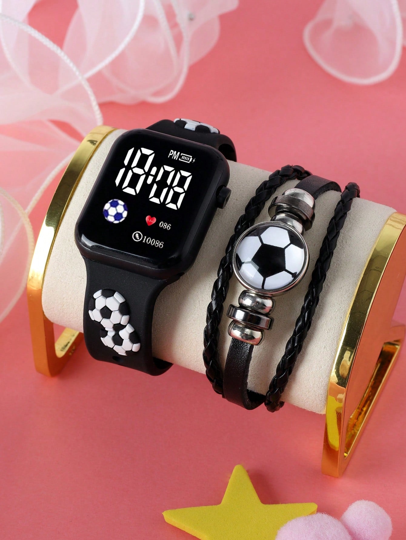 1pc Unisex Led Square Electronic Watch With Football Strap Decortion & 1pc Football Pattern Bracelet For Daily Wear