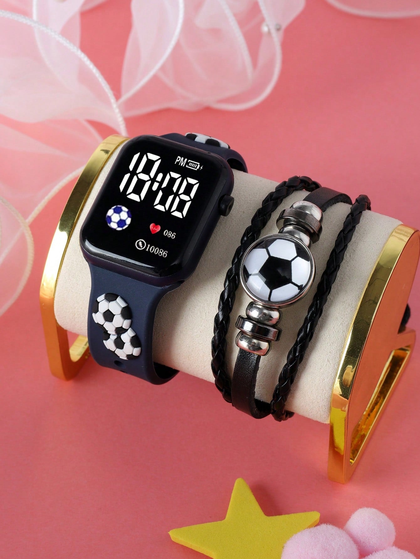 1pc Unisex Led Square Electronic Watch With Football Strap Decortion & 1pc Football Pattern Bracelet For Daily Wear