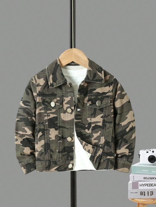 Young Boy Camo Print Flap Detail Denim Jacket Without Tee