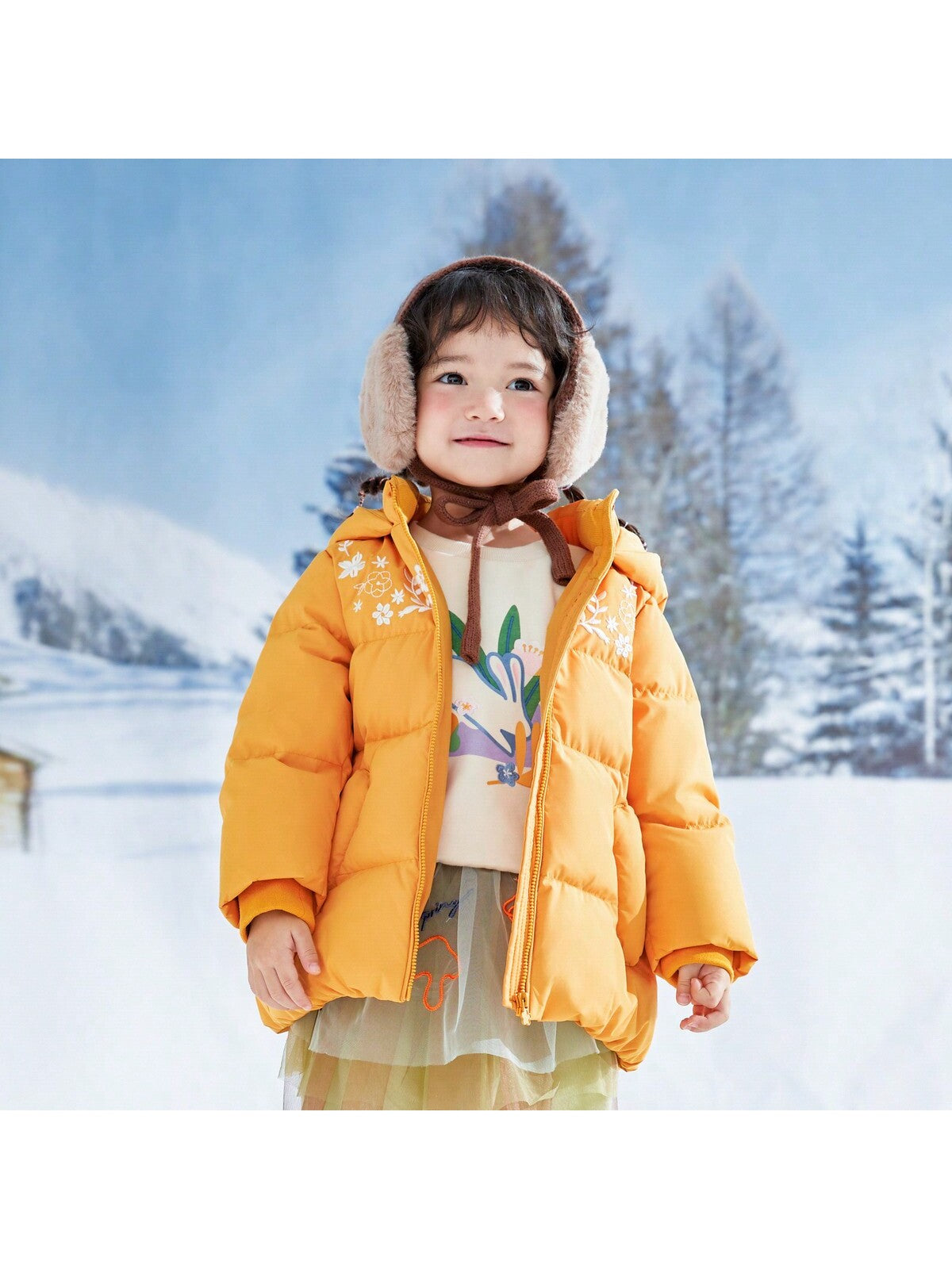 Young Girl Flower Pattern Hooded Down Jacket