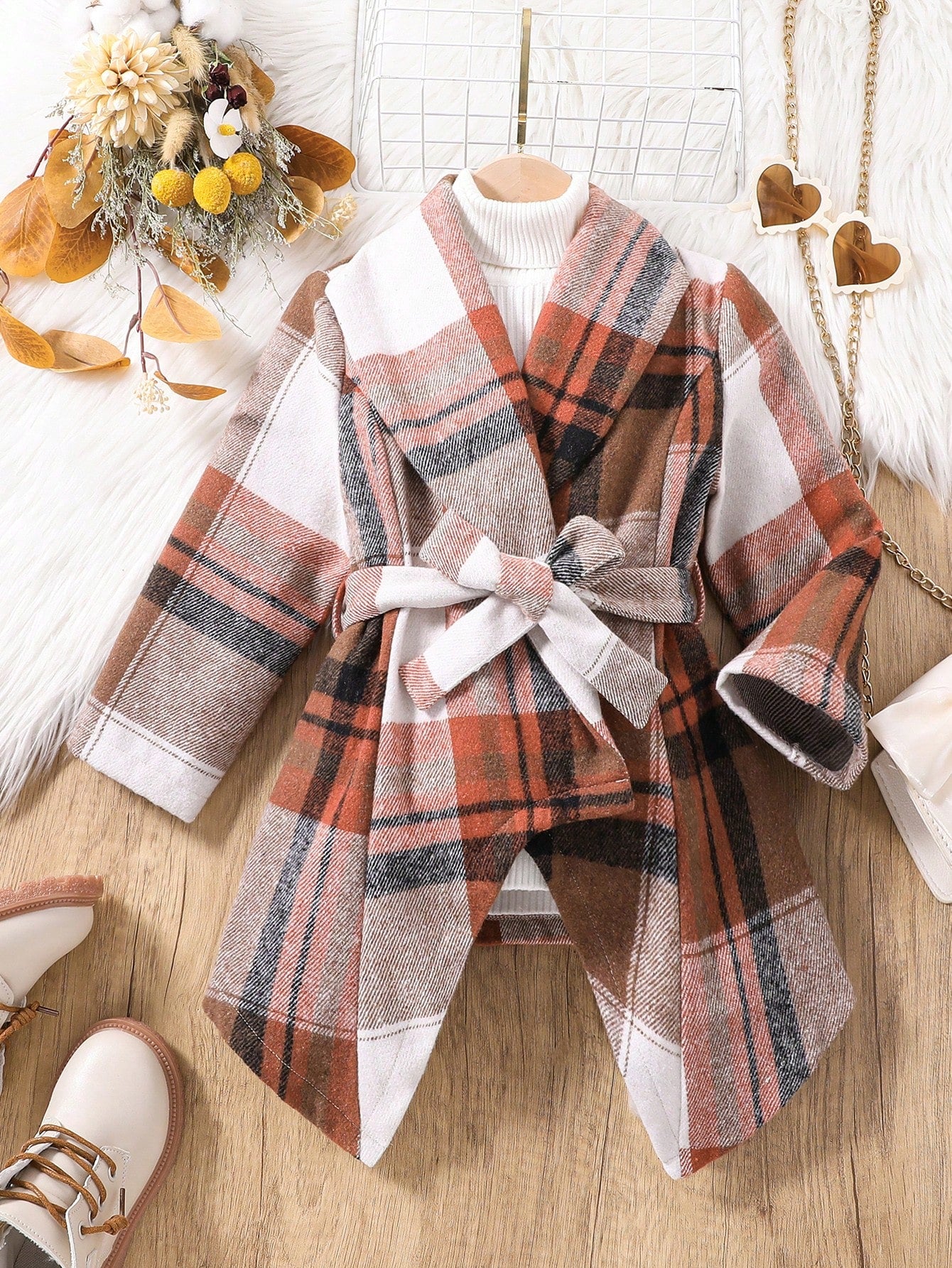 Young Girl Plaid Print Waterfall Collar Asymmetrical Hem Belted Coat Without Sweater