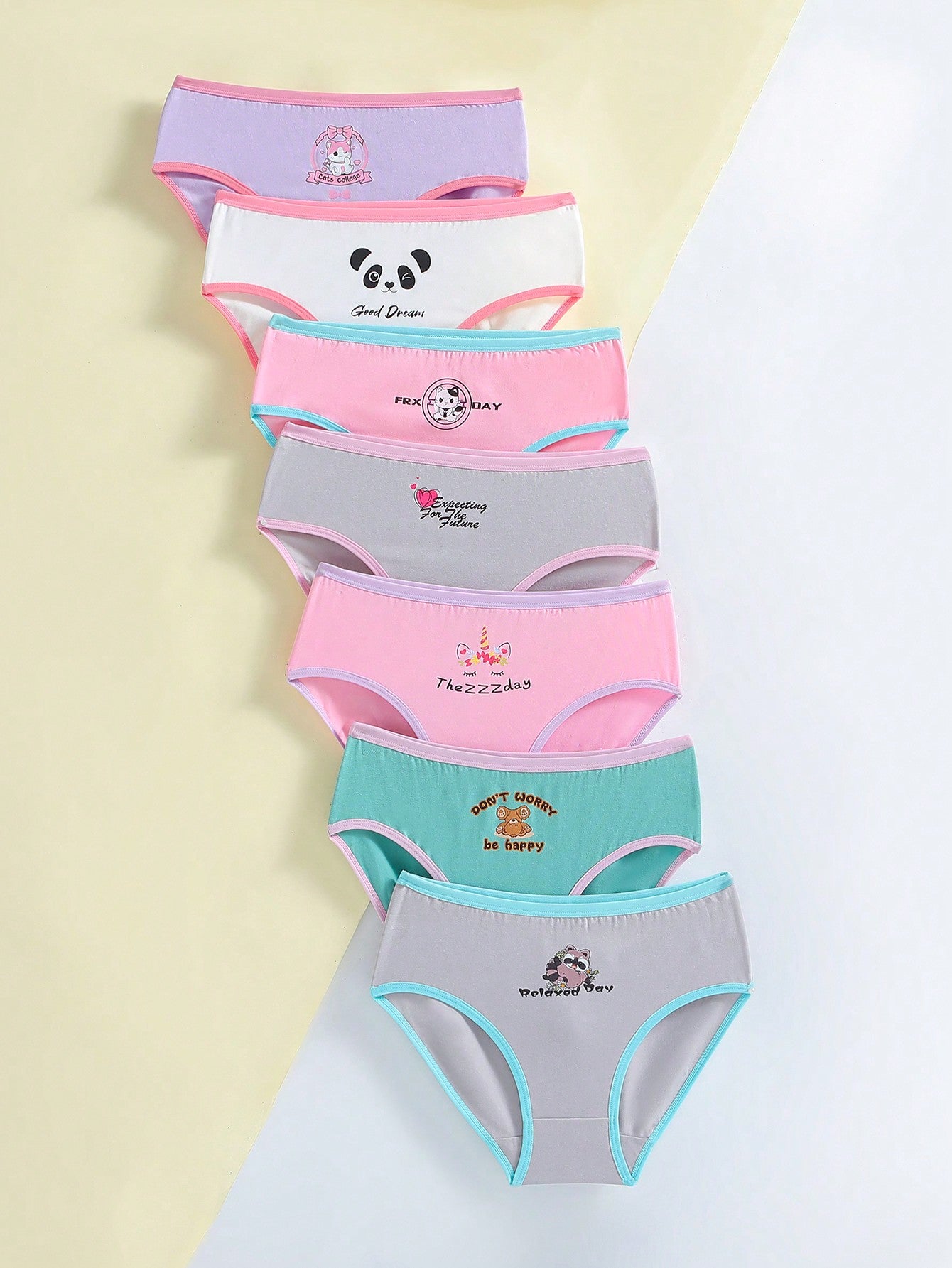 Young Girl 7pcs Cartoon Graphic Contrast Binding Brief