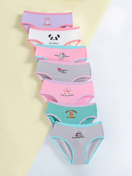 Young Girl 7pcs Cartoon Graphic Contrast Binding Brief