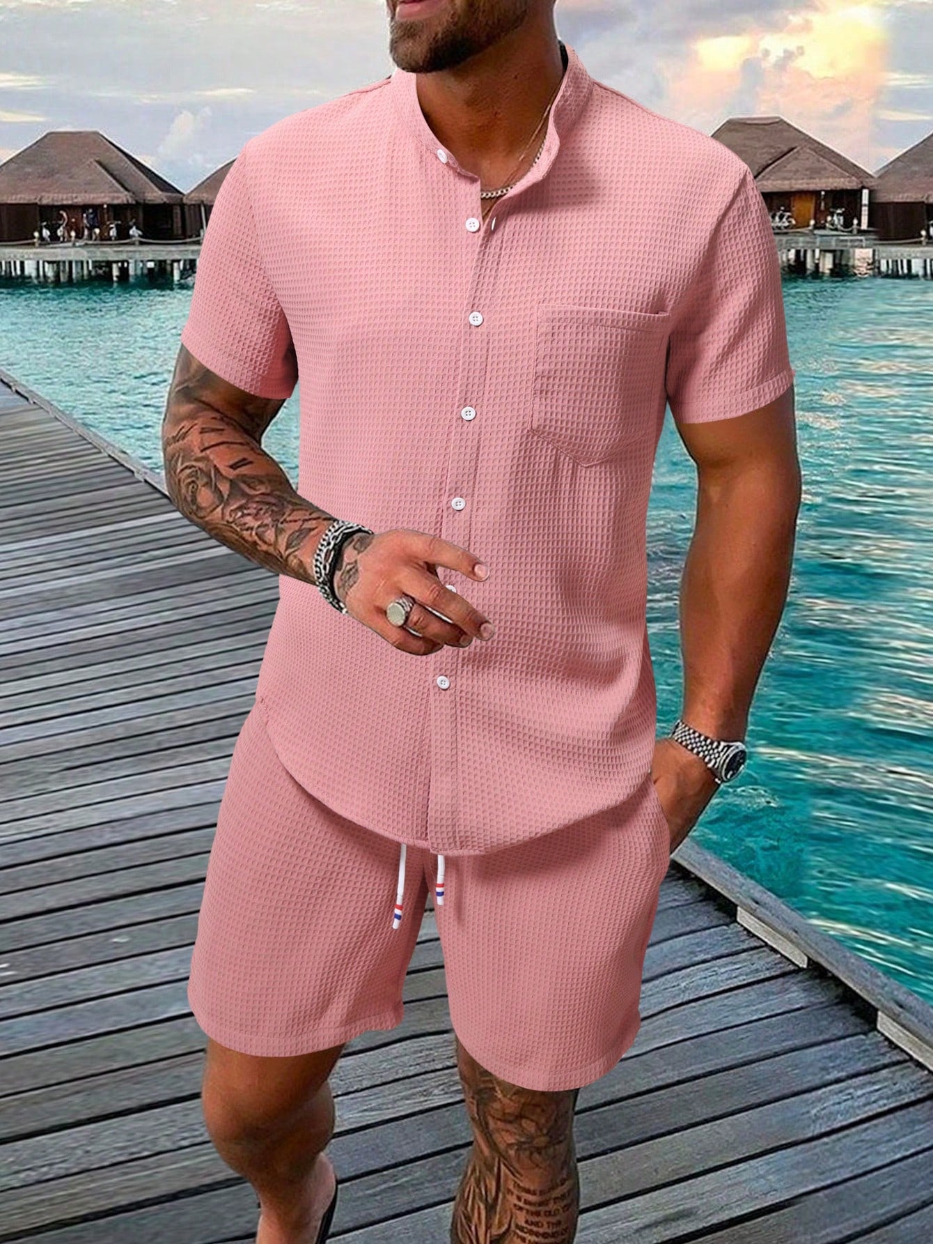 Men Pocket Patched Shirt & Drawstring Waist Shorts Set