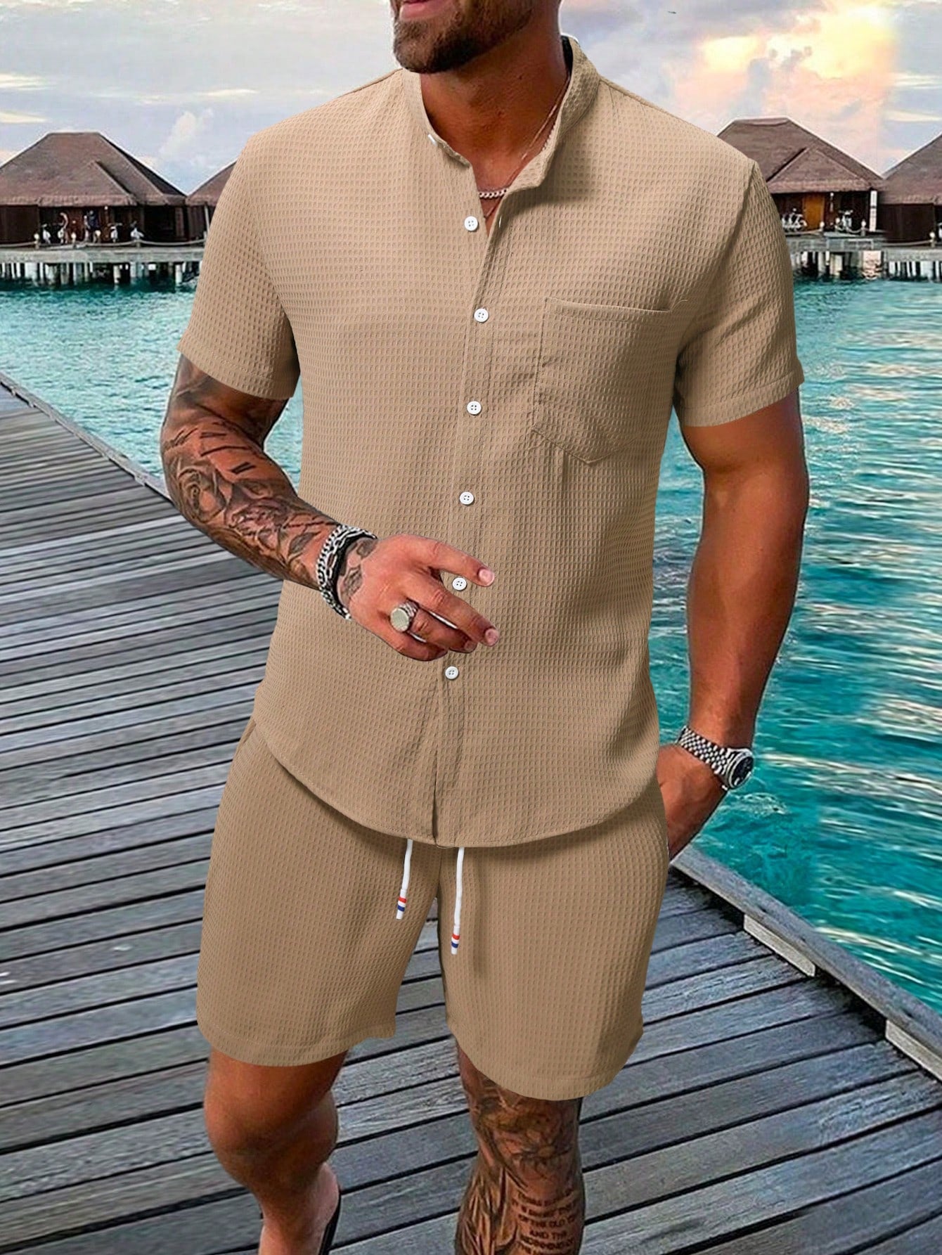 Men Pocket Patched Shirt & Drawstring Waist Shorts Set