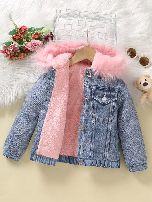 Young Girl Fuzzy Trim Hooded Teddy Lined Jacket