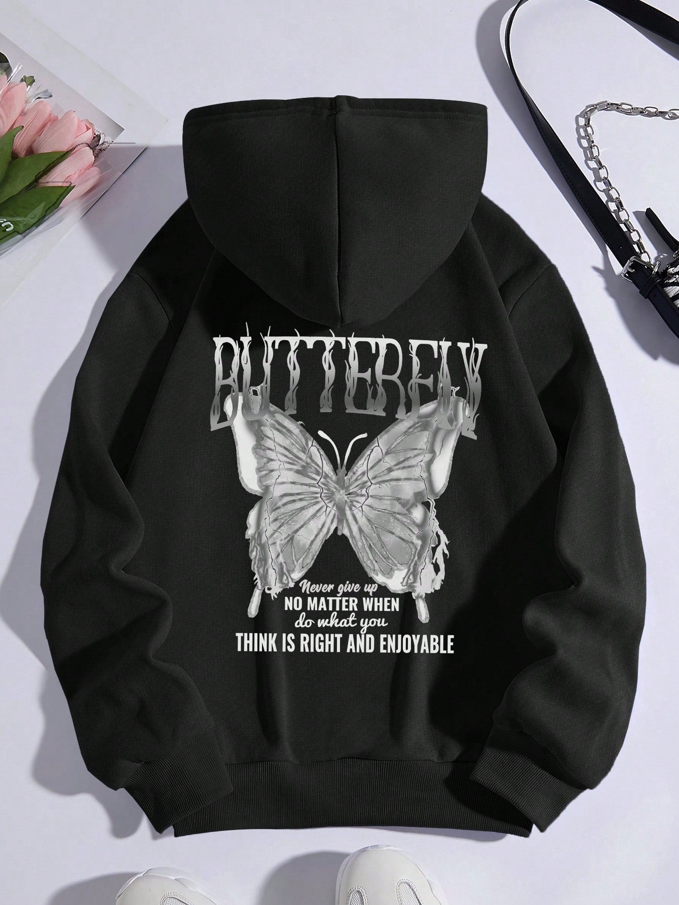 Butterfly And Slogan Graphic Drop Shoulder Drawstring Hoodie BUTTERFLY Never Give Up NO MATTER WHEN Do What You THINK IS RIGHT AND ENJOYABLE