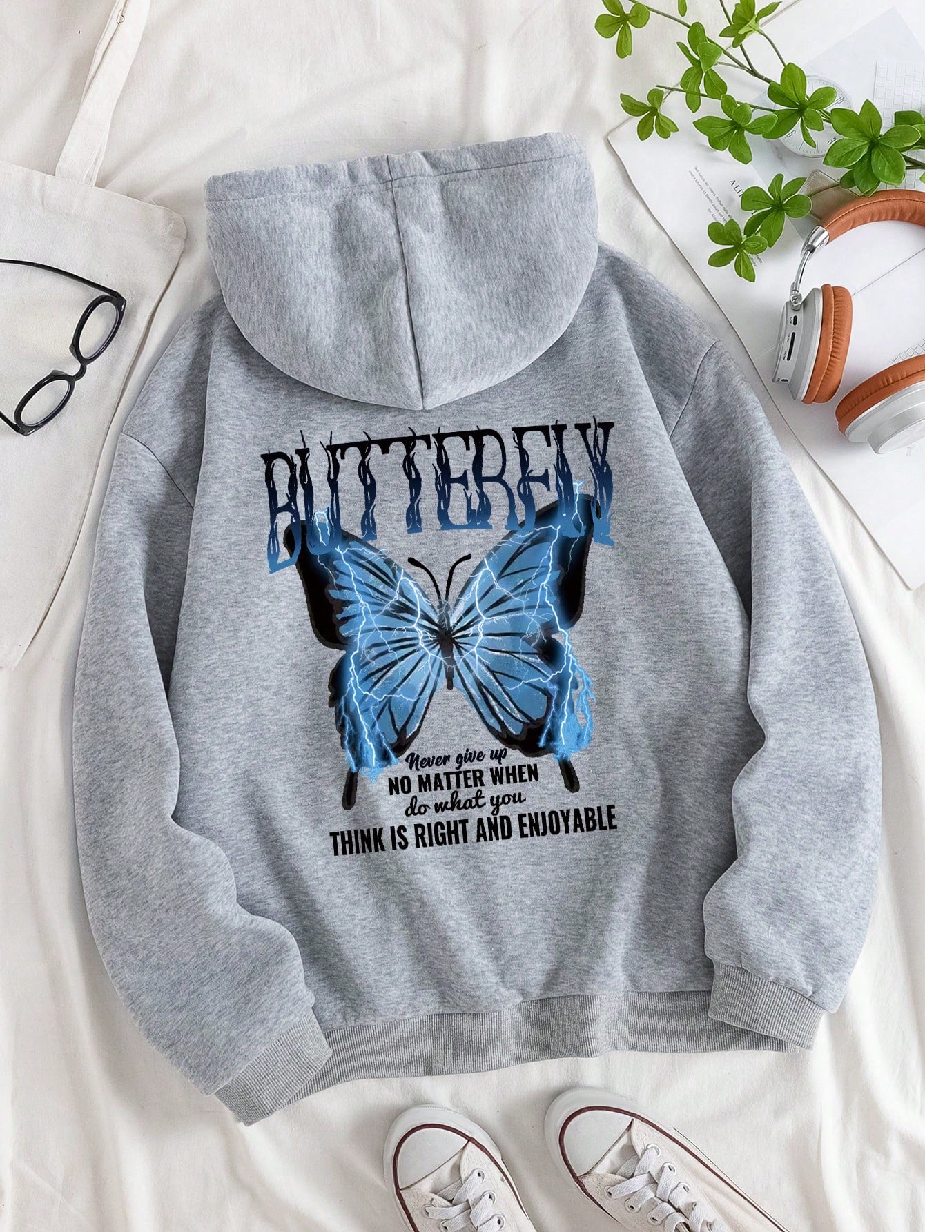 Butterfly And Slogan Graphic Drop Shoulder Drawstring Hoodie BUTTERFLY Never Give Up NO MATTER WHEN Do What You THINK IS RIGHT AND ENJOYABLE