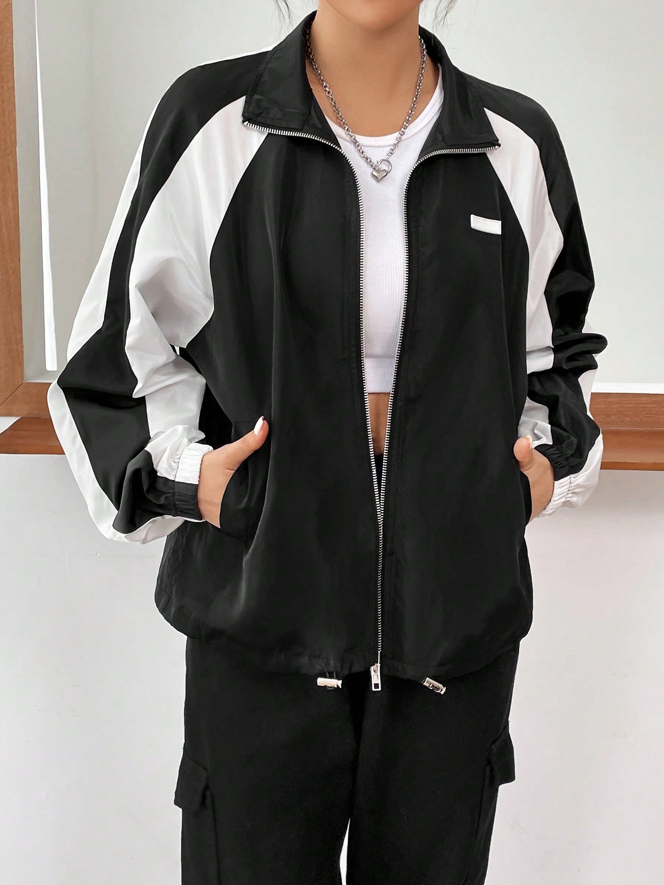 Spring Colorblock Raglan Sleeve Drawstring Hem Zip Up Windbreaker Jacket