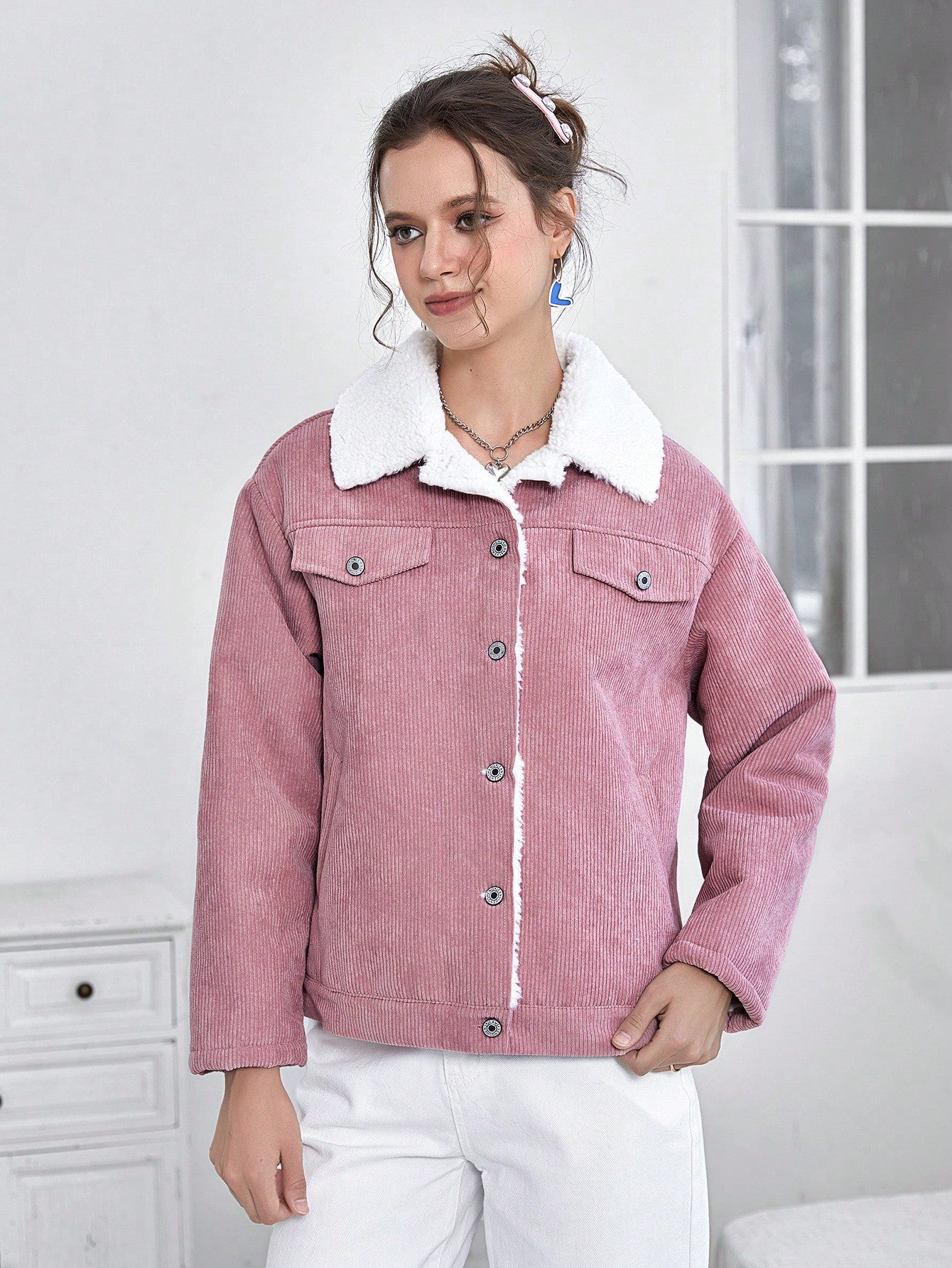 Borg Collar Teddy Lined Button Front Coat