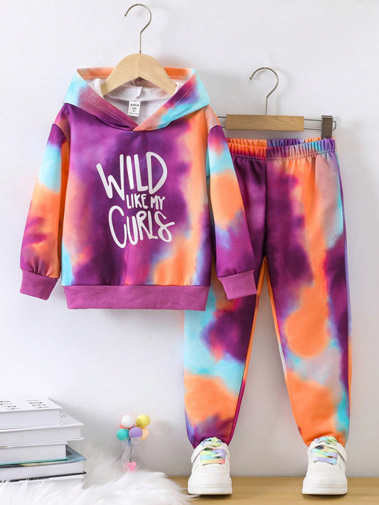 Young Girl Tie Dye Slogan Graphic Hoodie & Sweatpants