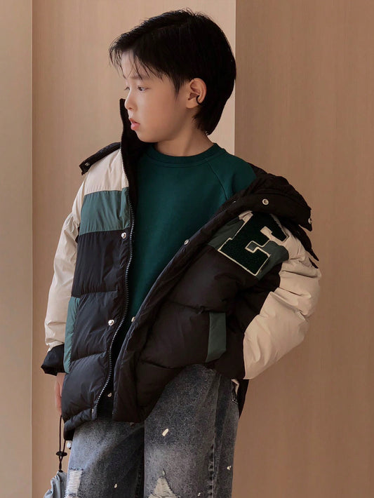 Tween Boy 1pc Letter Patched Detail Zipper Hooded Puffer Coat