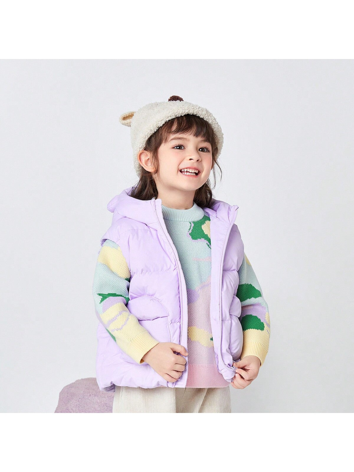 Girls Winter Minimalist Solid Color Thermal Hooded Sleeveless Vest Down Jacket Purple