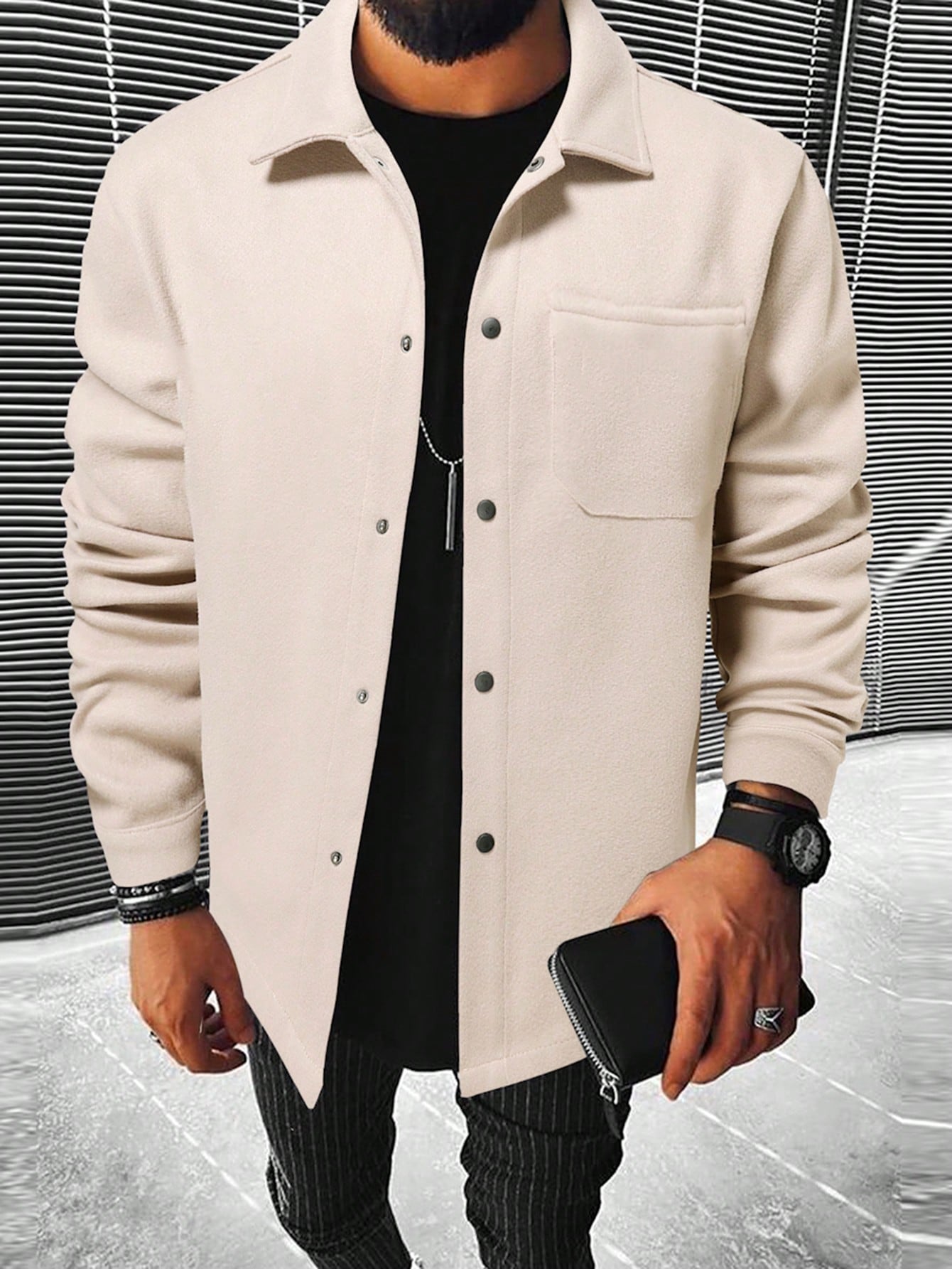 Men Solid Button Front Pocket Patched Overcoat