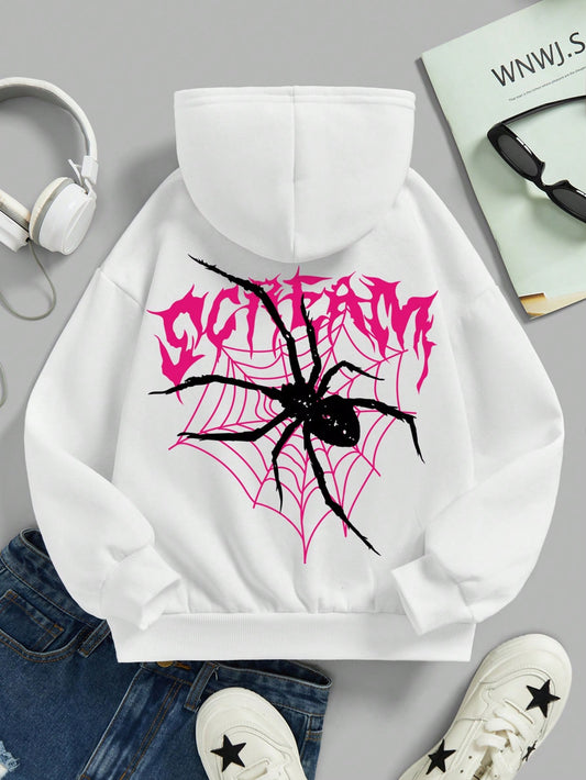 Teen Girl Spider & Letter Graphic Hoodie