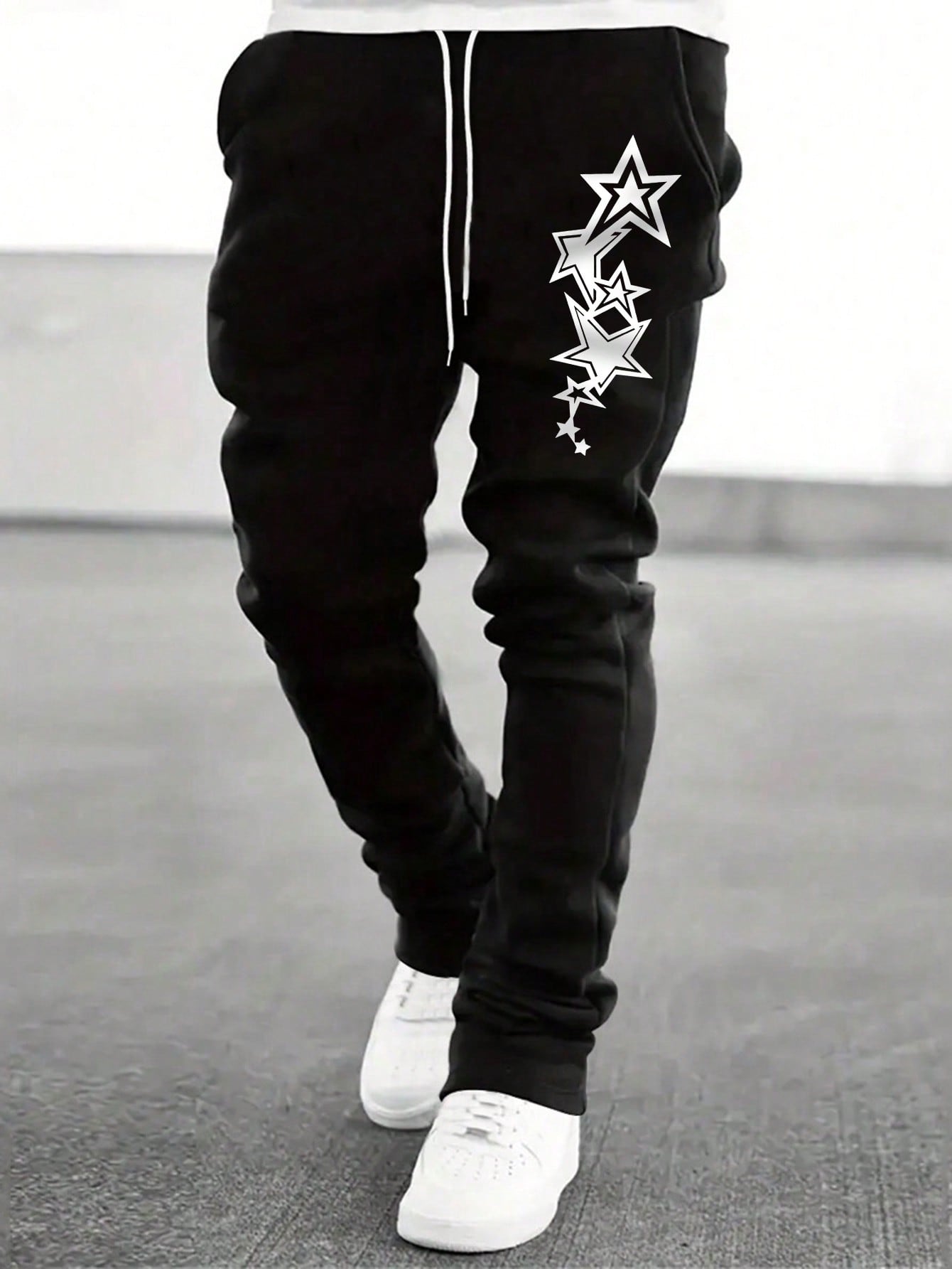 Men Star Print Drawstring Waist Sweatpants Straight Leg Long Graphic Plain Black Going Out Goth