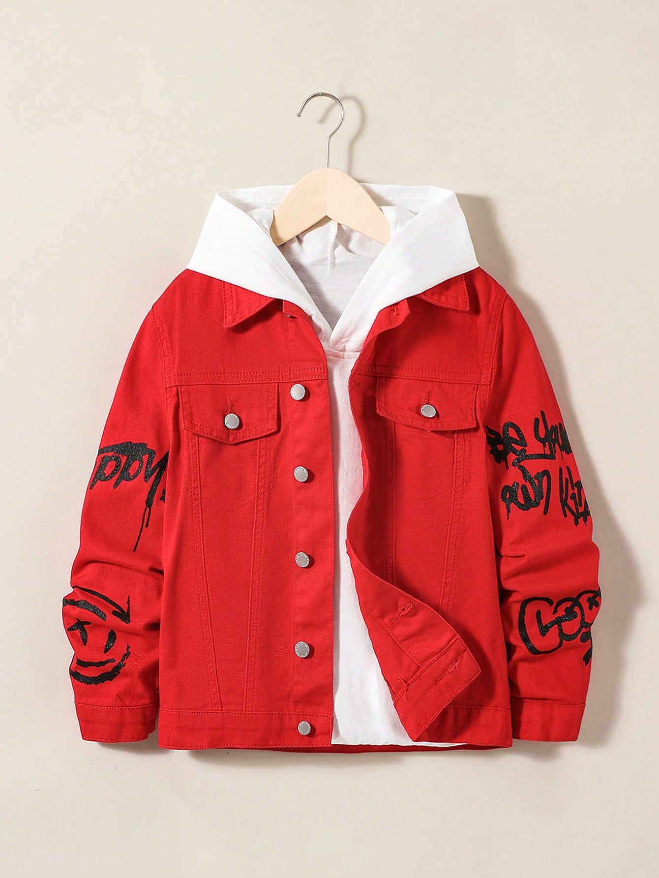 Tween Boy Letter Graphic Flap Detail Denim Jacket Without Hoodie