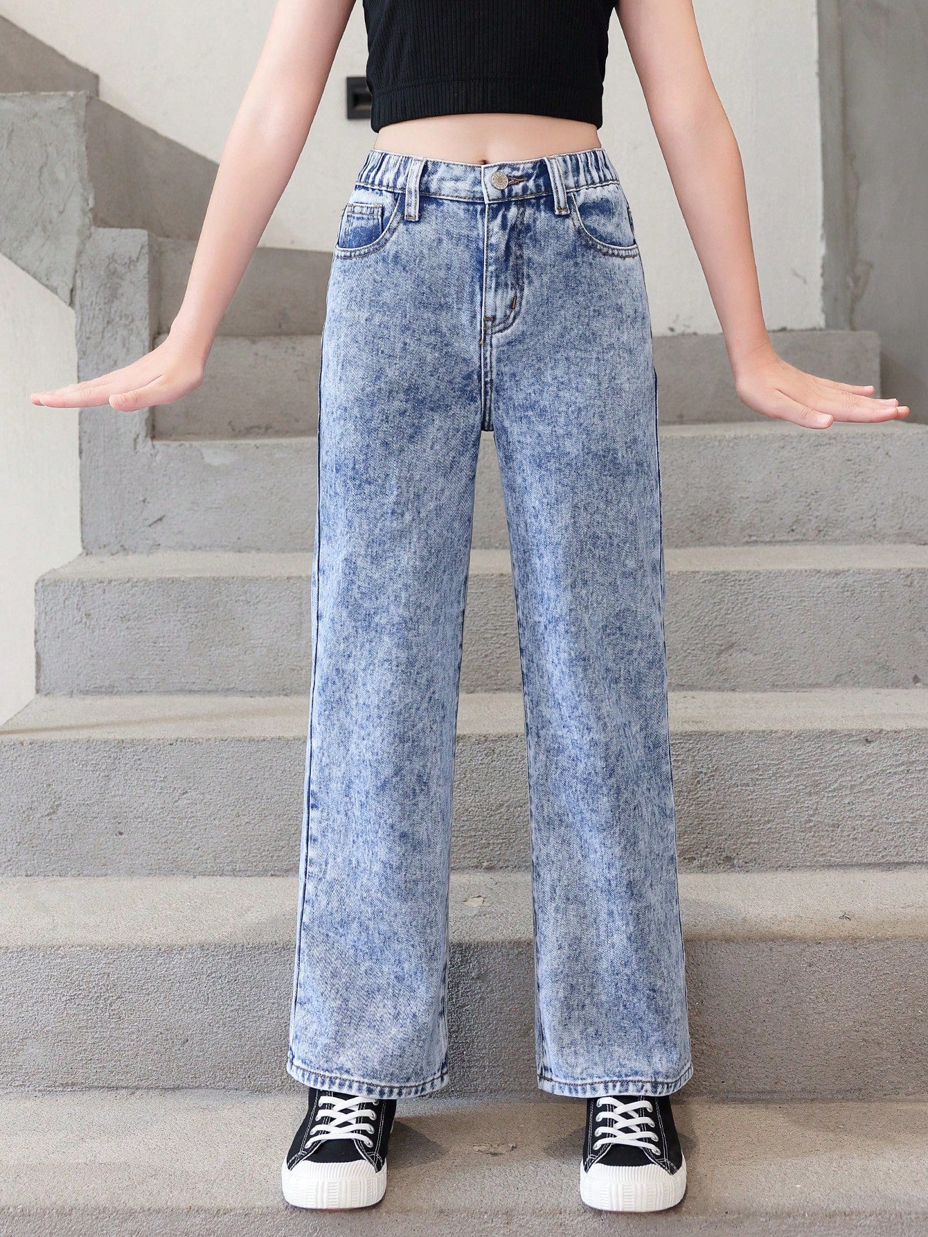 TWEEN GIRL All-Match Casual Street Style Academy Flair 5-Pocket Elastic Waist Chopped Snowflake Technic Jeans, Classic Fashionable Denim Clothing For All Seasons