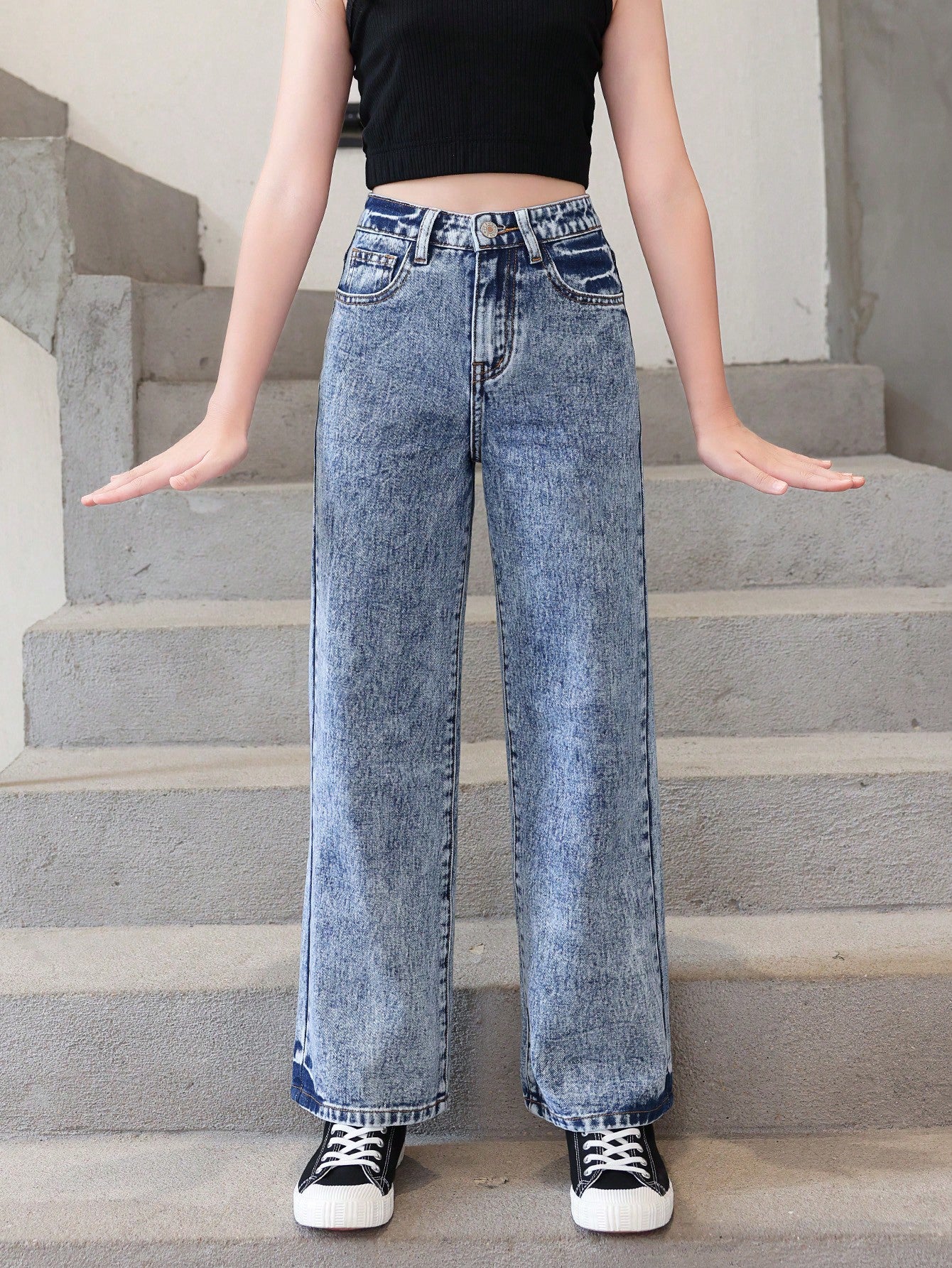 Tween Girl Basic Daily Loose Wide Leg Denim Pants