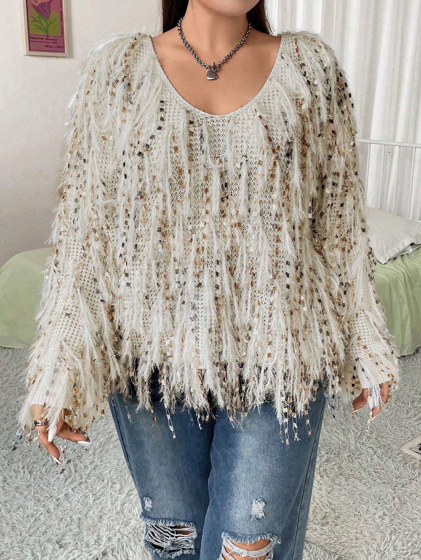 Plus Fringe Trim Drop Shoulder Sweater