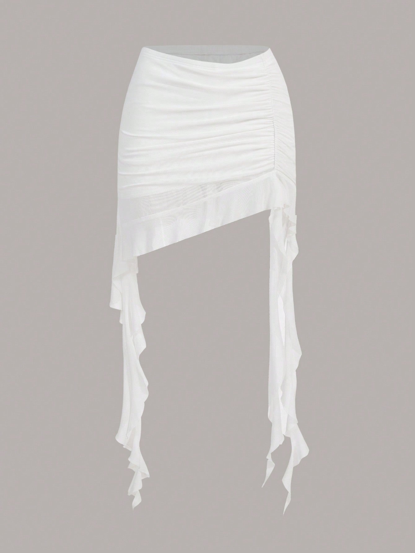 Summer White Solid Asymmetrical Ruched Ruffle Hem Skirt