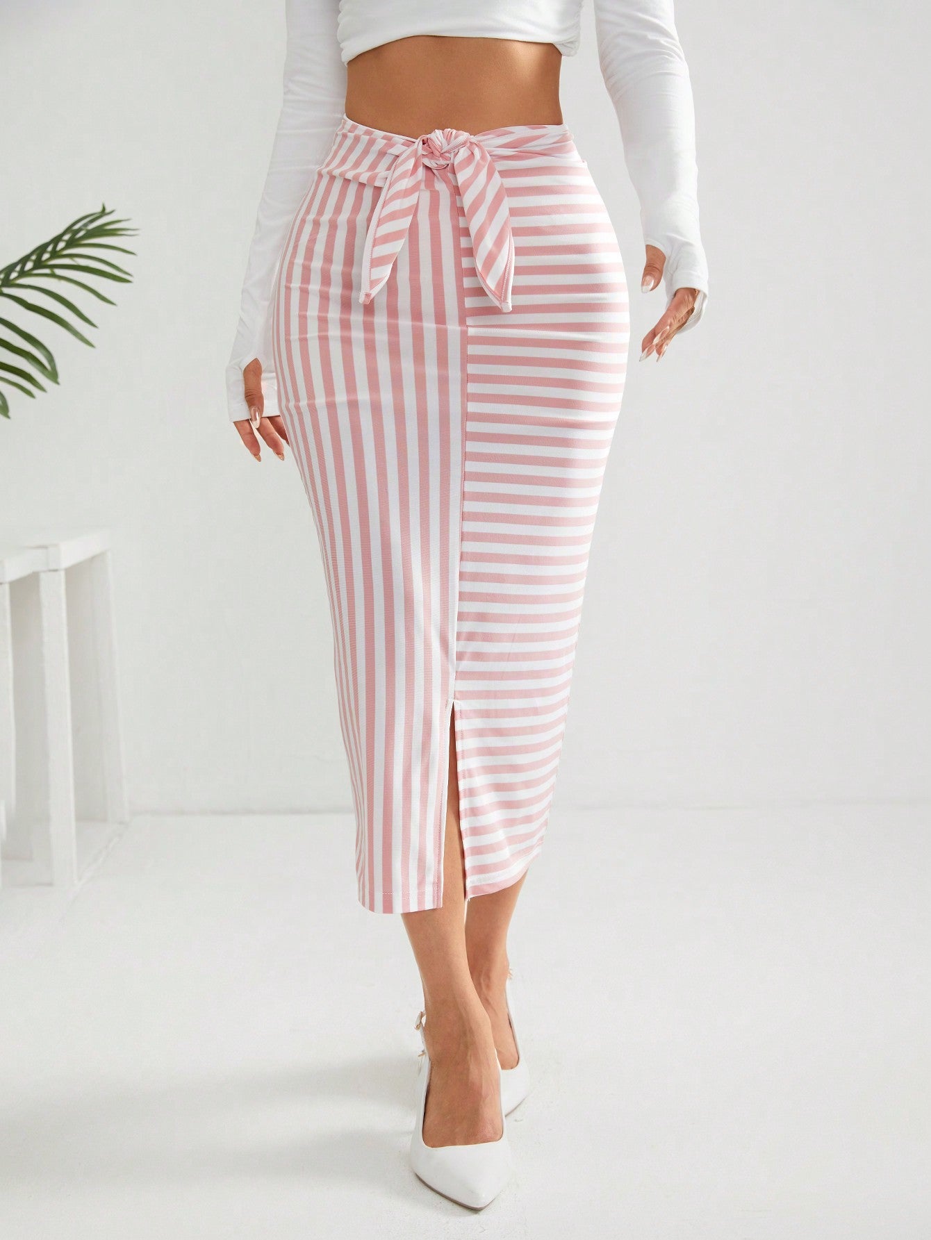 Striped Print Belted Split Hem Pencil Skirt