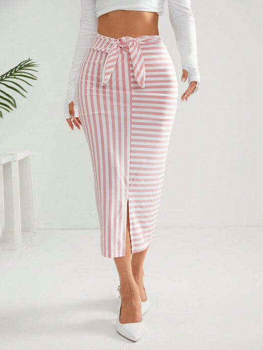 Striped Print Belted Split Hem Pencil Skirt