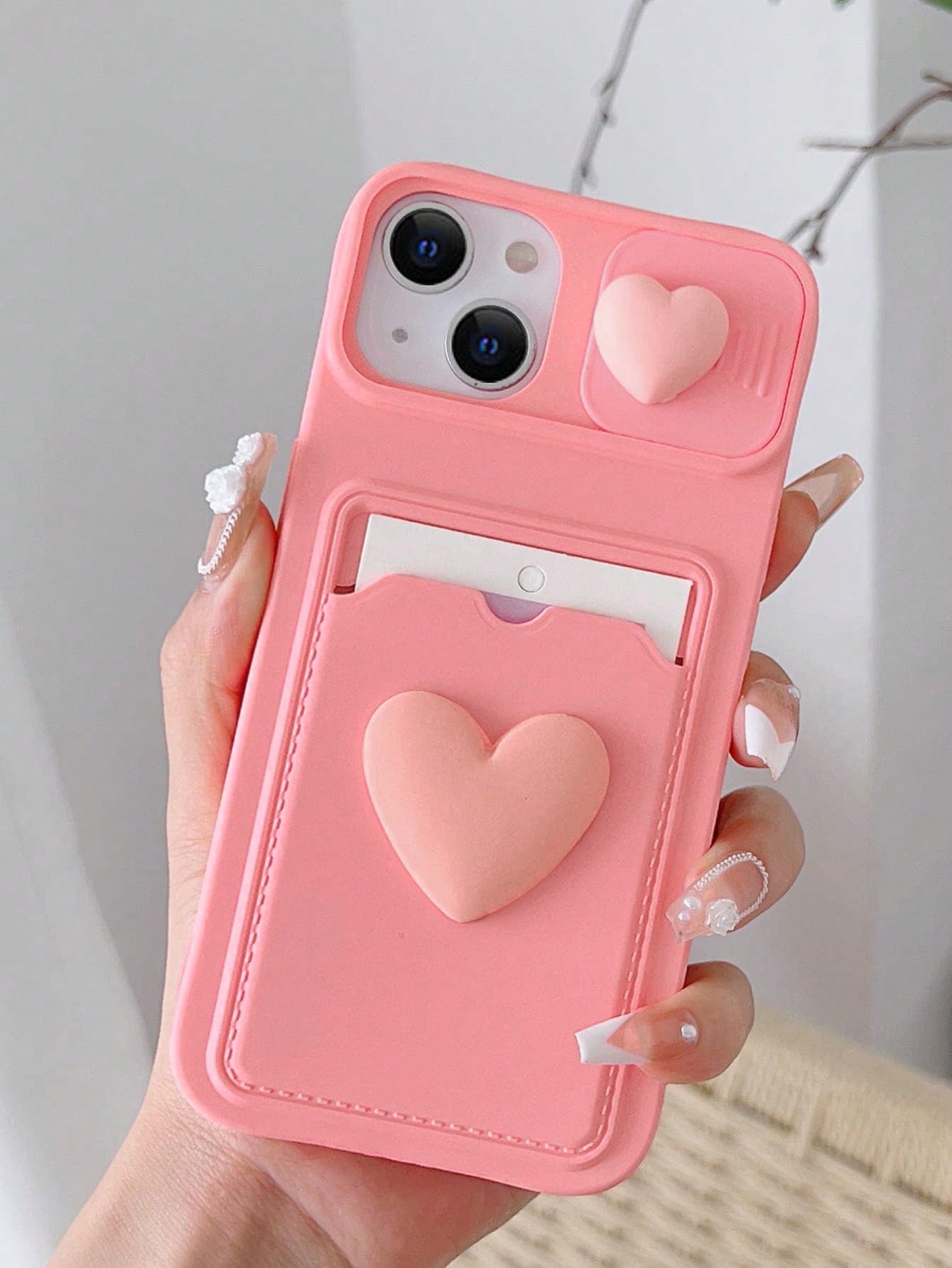 Sliding Transparent Double Heart Sticker Picture Frame Card Holder Phone Case Compatible With Apple IPhone