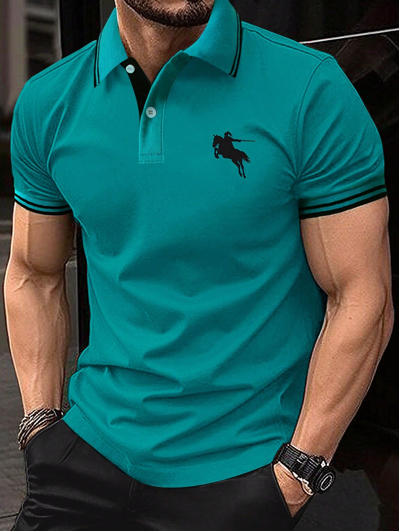 Men Horse Graphic Contrast Trim Polo Shirt