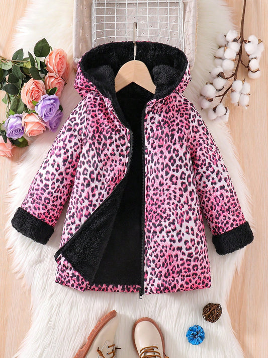 Young Girl Leopard Print Fuzzy Lined Hooded Padded Coat