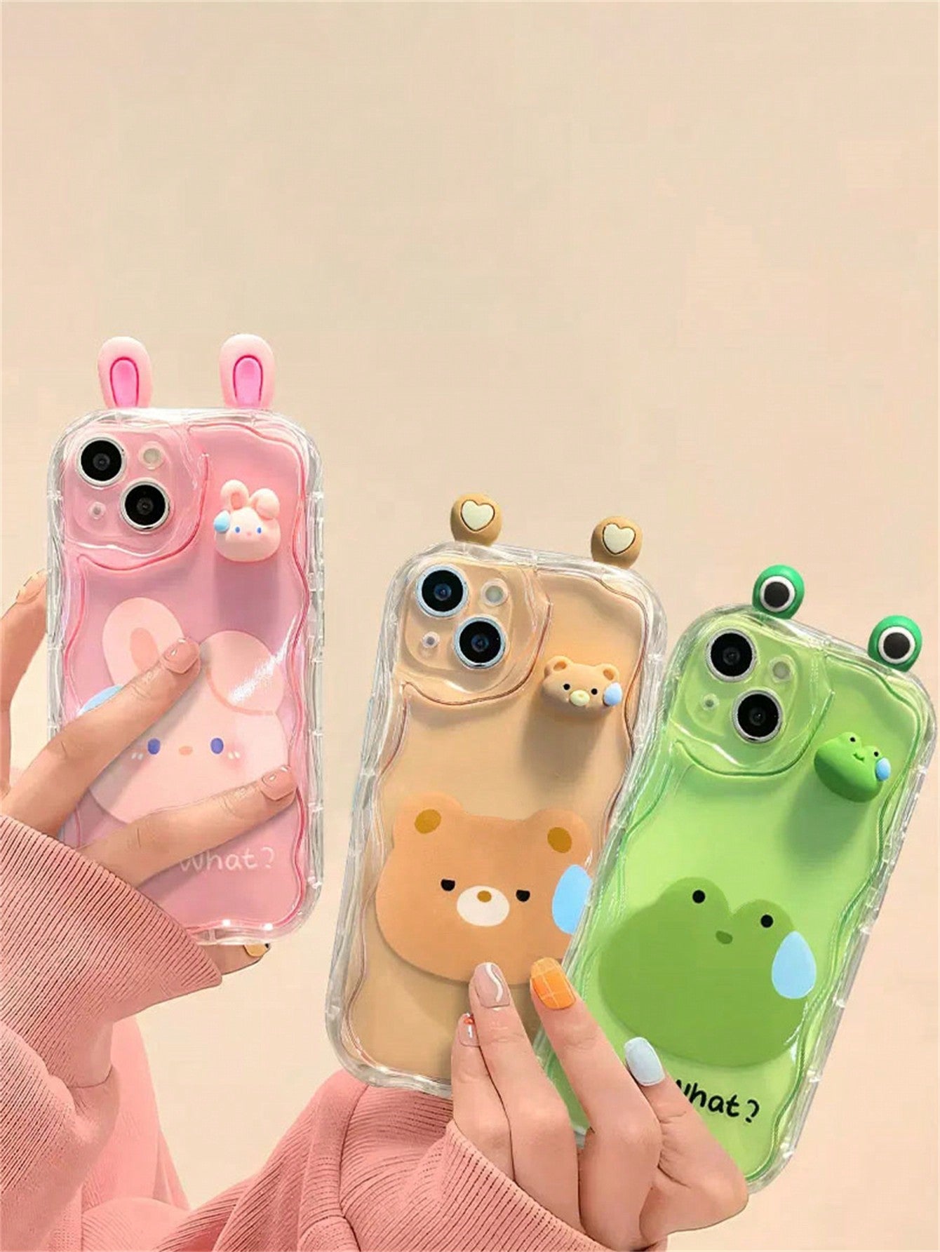 Korean Cute 3D Ears Pink Rabbit Transparent Wavy Phone Case Compatible With IPhone 15 14 13 12 12 11 Pro Max Plus Lovely Animal Girl Soft Shockproof Bumper Cover