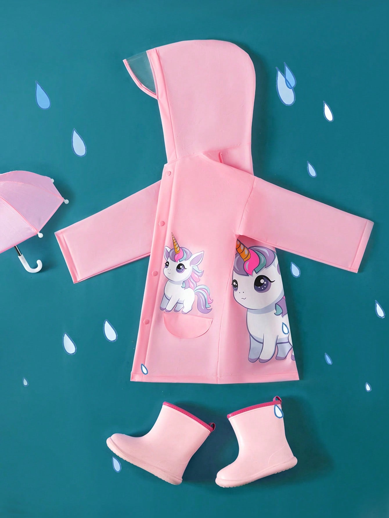 Girls' Pink Cute Unicorn Printed All Seasons Raincoat