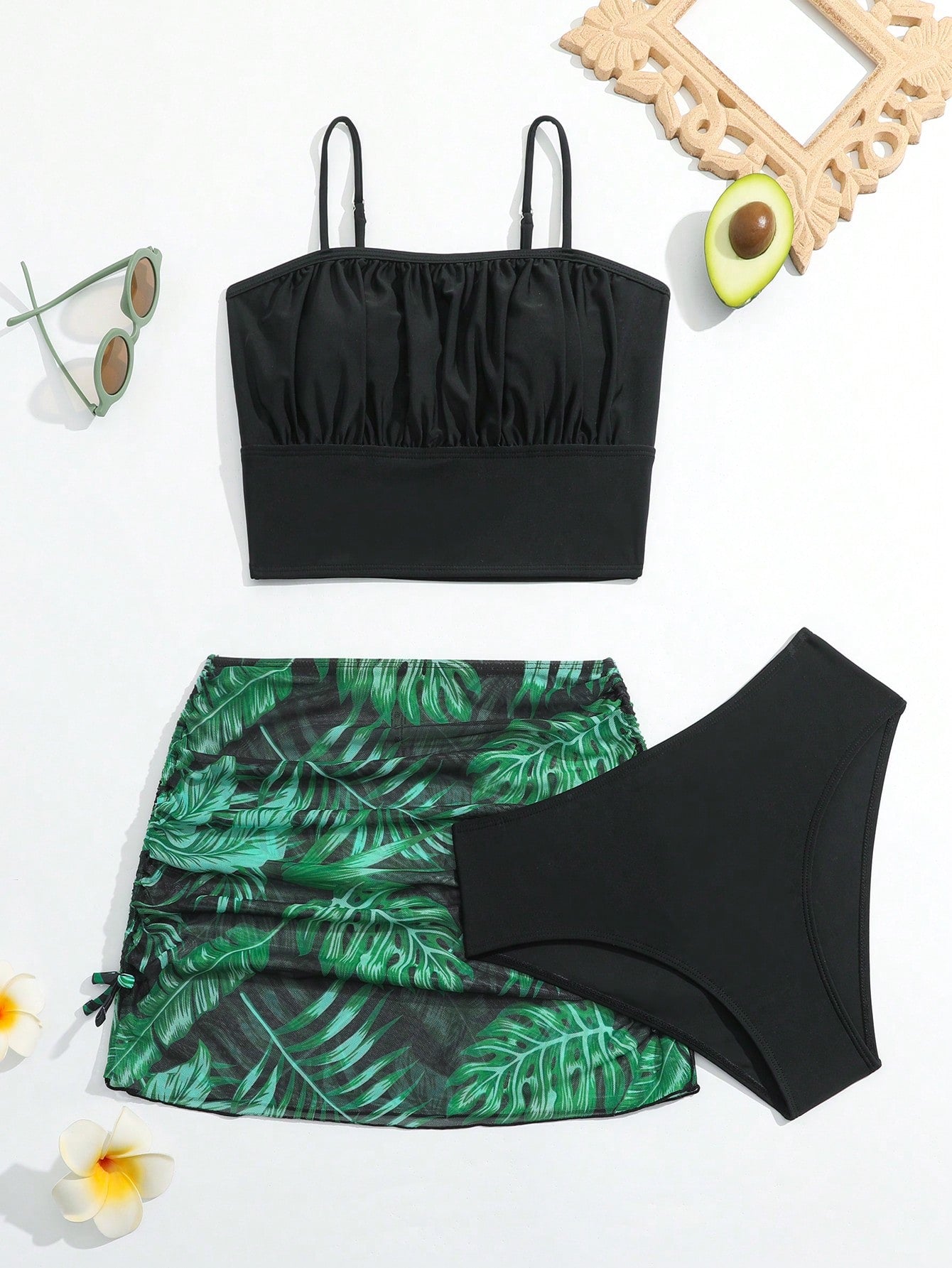 3pcs/set Teen Girls' Tropical Printed Bikini Swimsuit