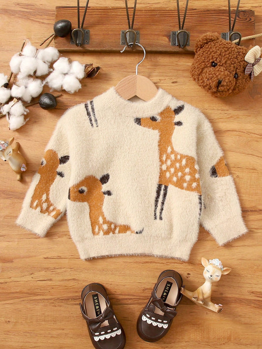 Young Girl Deer Pattern Fluffy Sweater