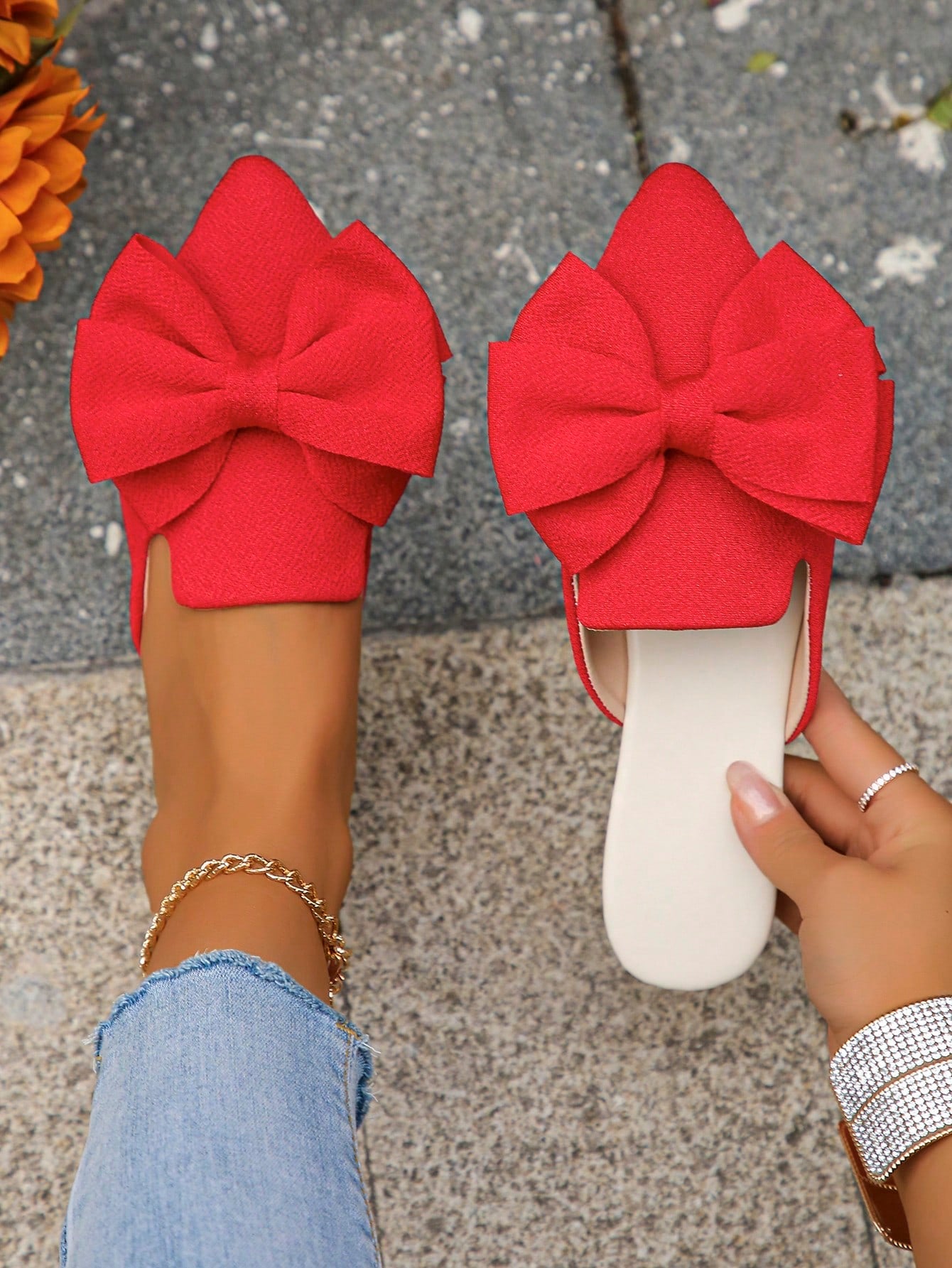 Women's Fashionable Bow Open Toe Slides, Comfortable Flat Sandals For Spring/Summer