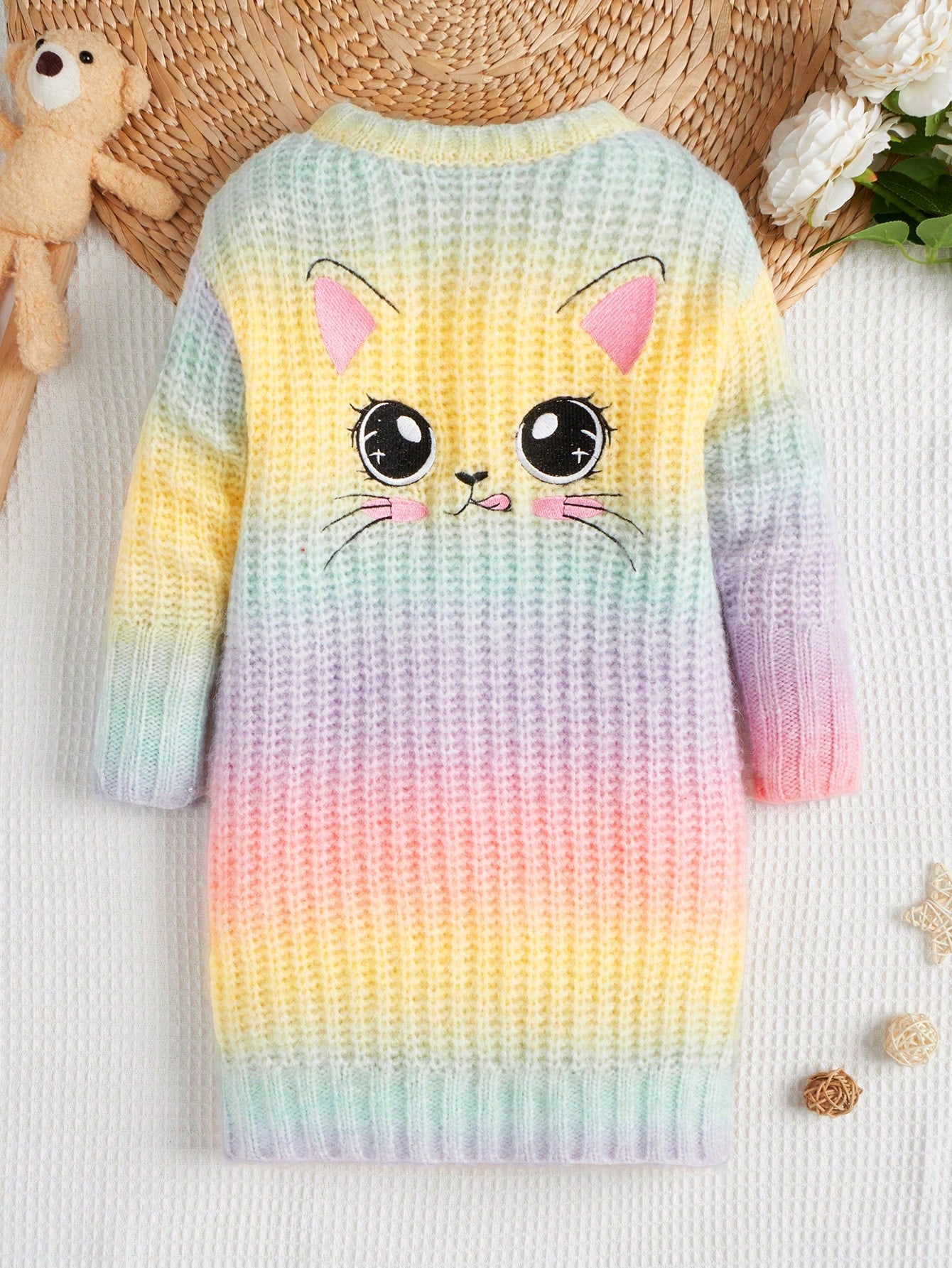 Young Girl Ombre Embroidery Cartoon Pattern Sweater Dress