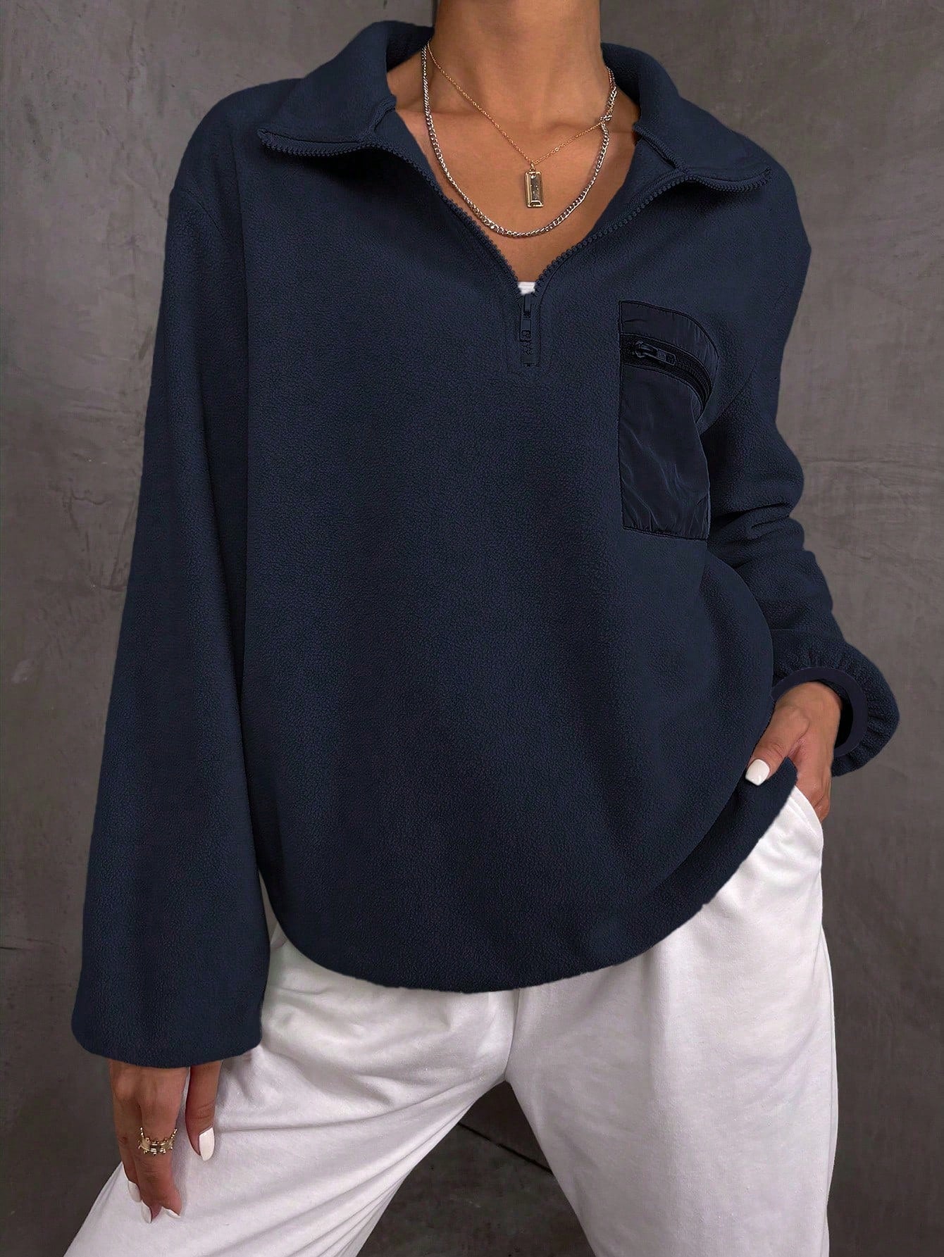 Solid Pocket Patched Half Zip Sweatshirt