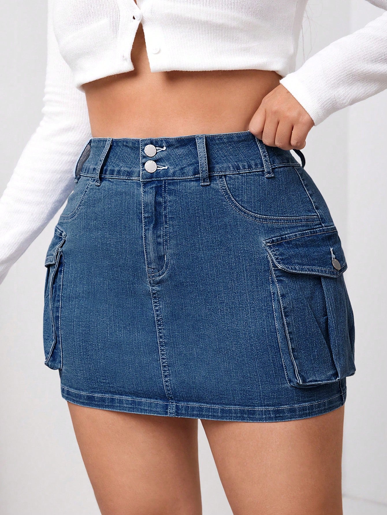 Women'S Plus Size Solid Color Folded Pocket Denim Skirt