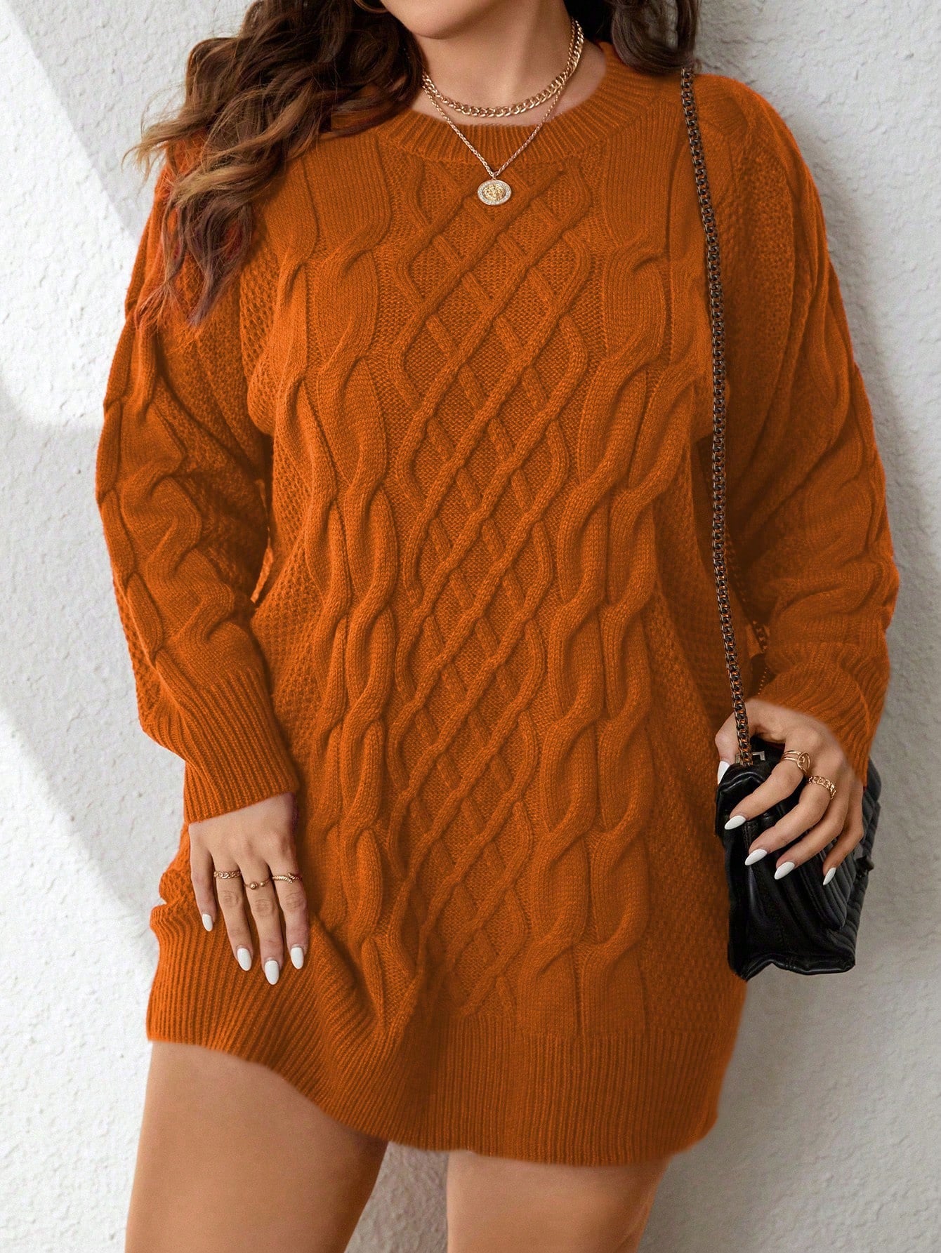 Plus Solid Cable Knit Sweater Dress