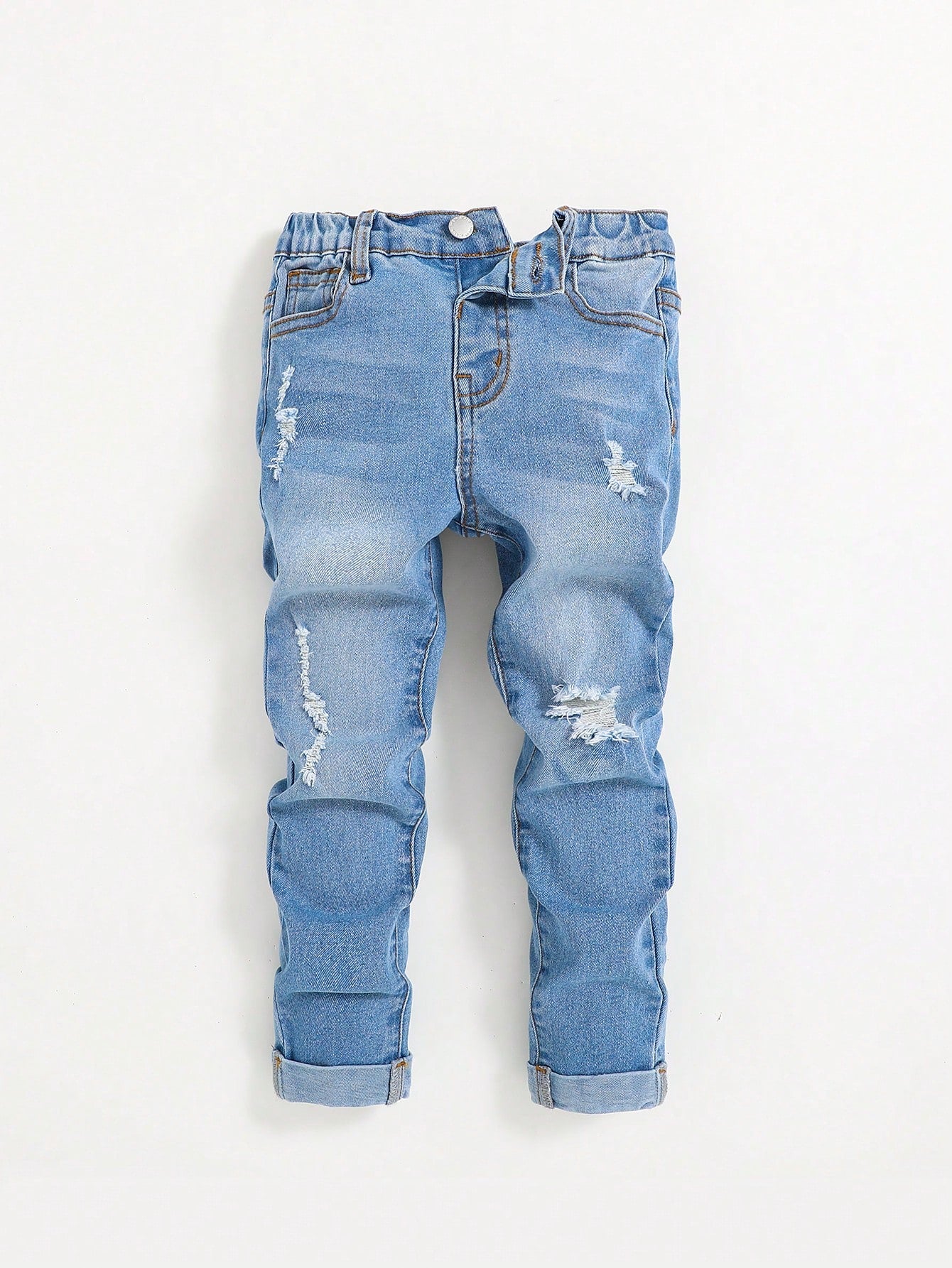 Young Boy Elastic Waist Distressed Straight Leg Jeans With Pockets