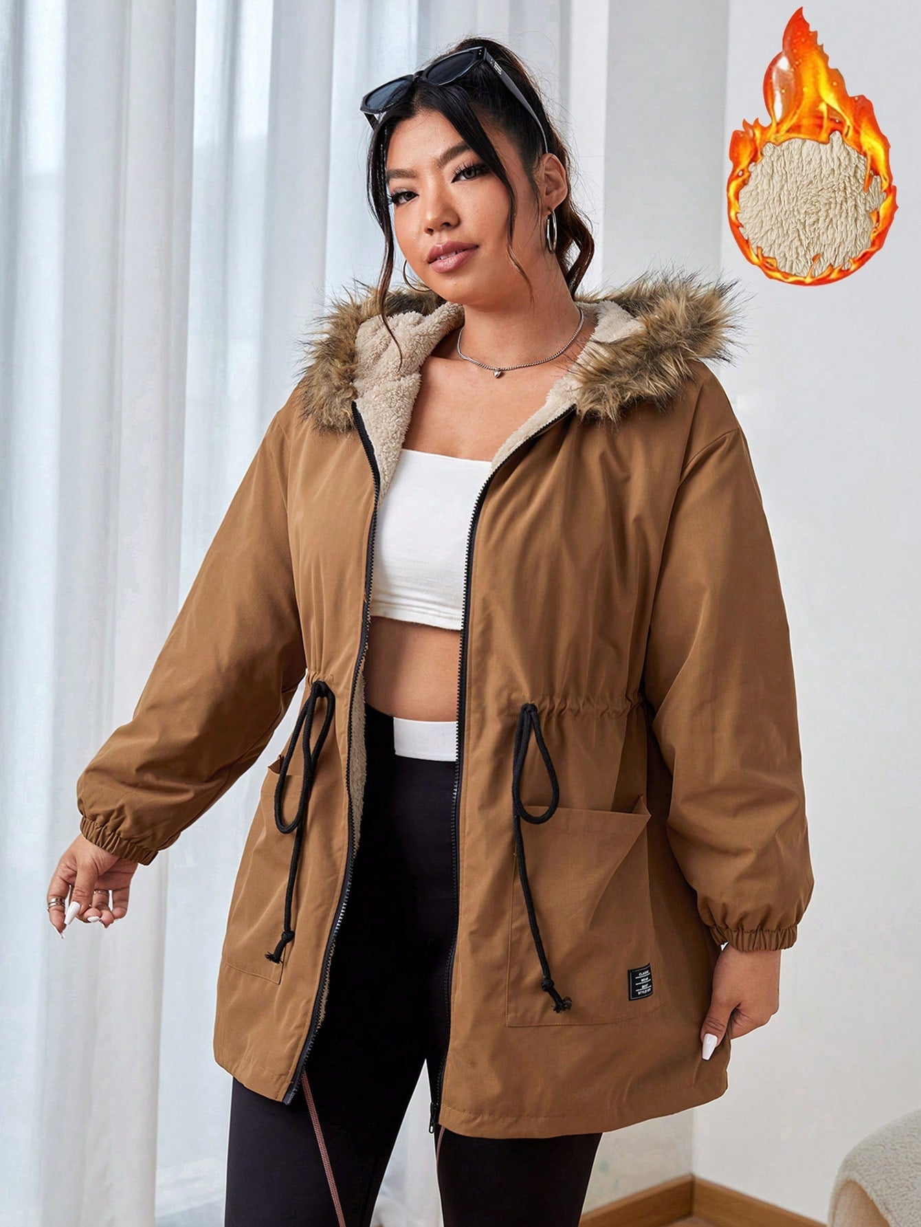 Plus Drawstring Waist Fuzzy Trim Hooded Parka Coat