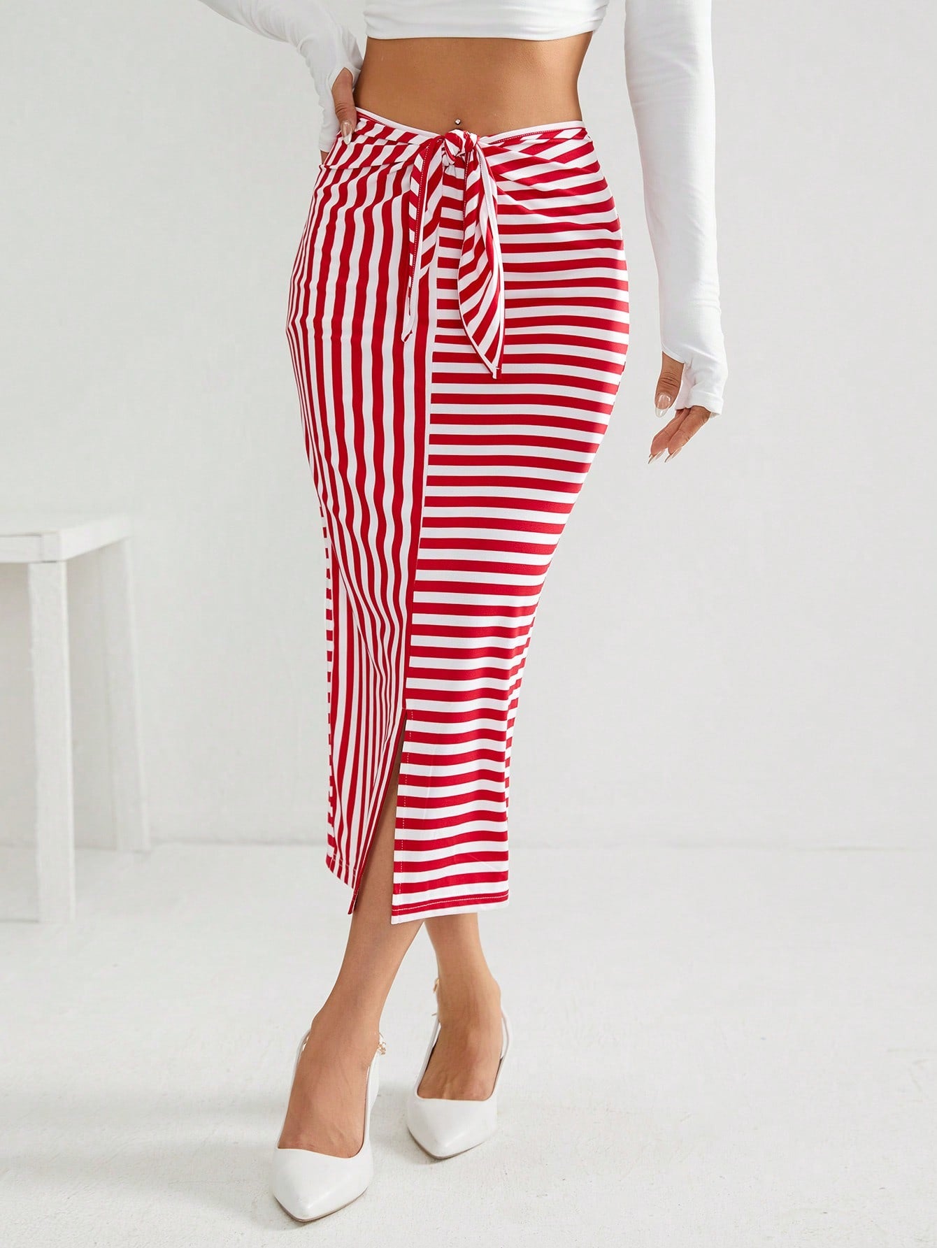 Striped Print Belted Split Hem Pencil Skirt