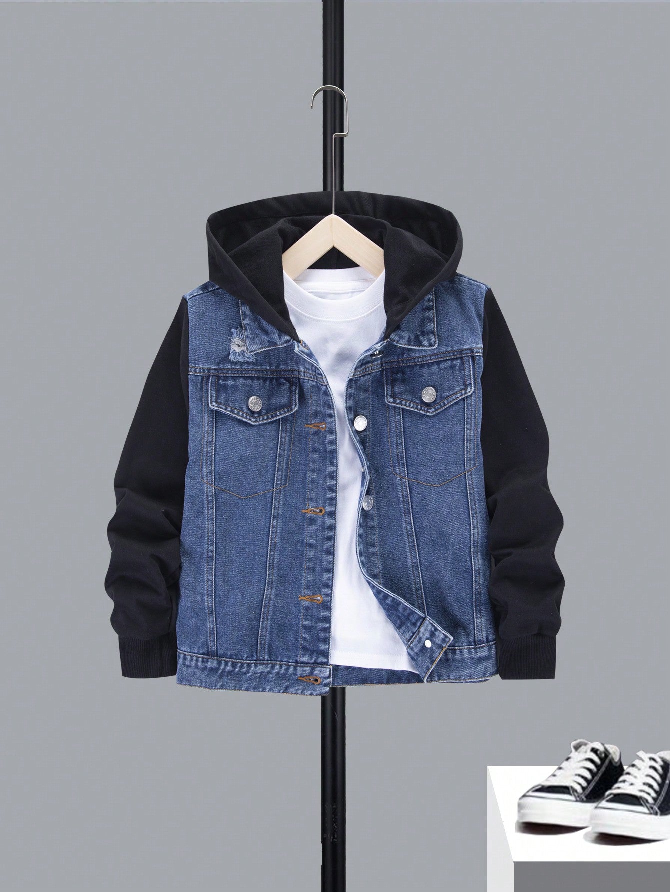 Tween Boy Colorblock Hooded 2 In 1 Denim Jacket Without Tee