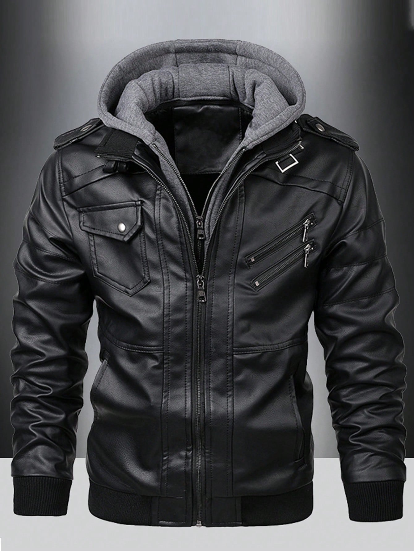 Men Zip Up Hooded PU Leather Jacket