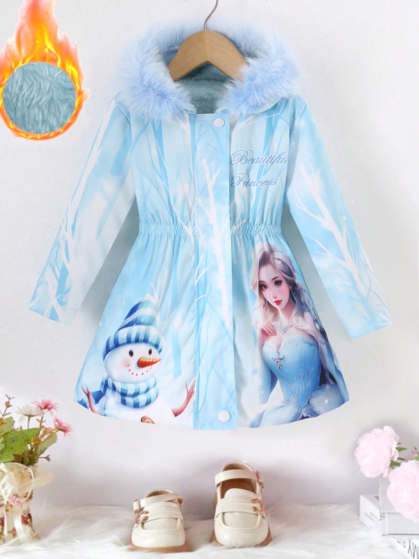 Young Girl Figure Graphic Fuzzy Trim Hooded Coat